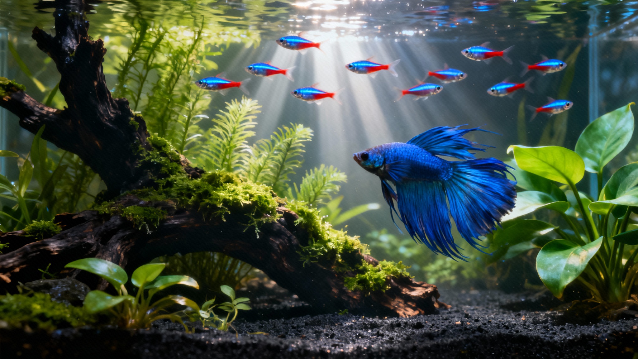 A hyper-realistic digital wallpaper depicting a serene and vibrant aquarium scene, with colorful fish like neon tetras and a betta swimming amidst lush green plants and driftwood, illuminated by rays of sunlight.