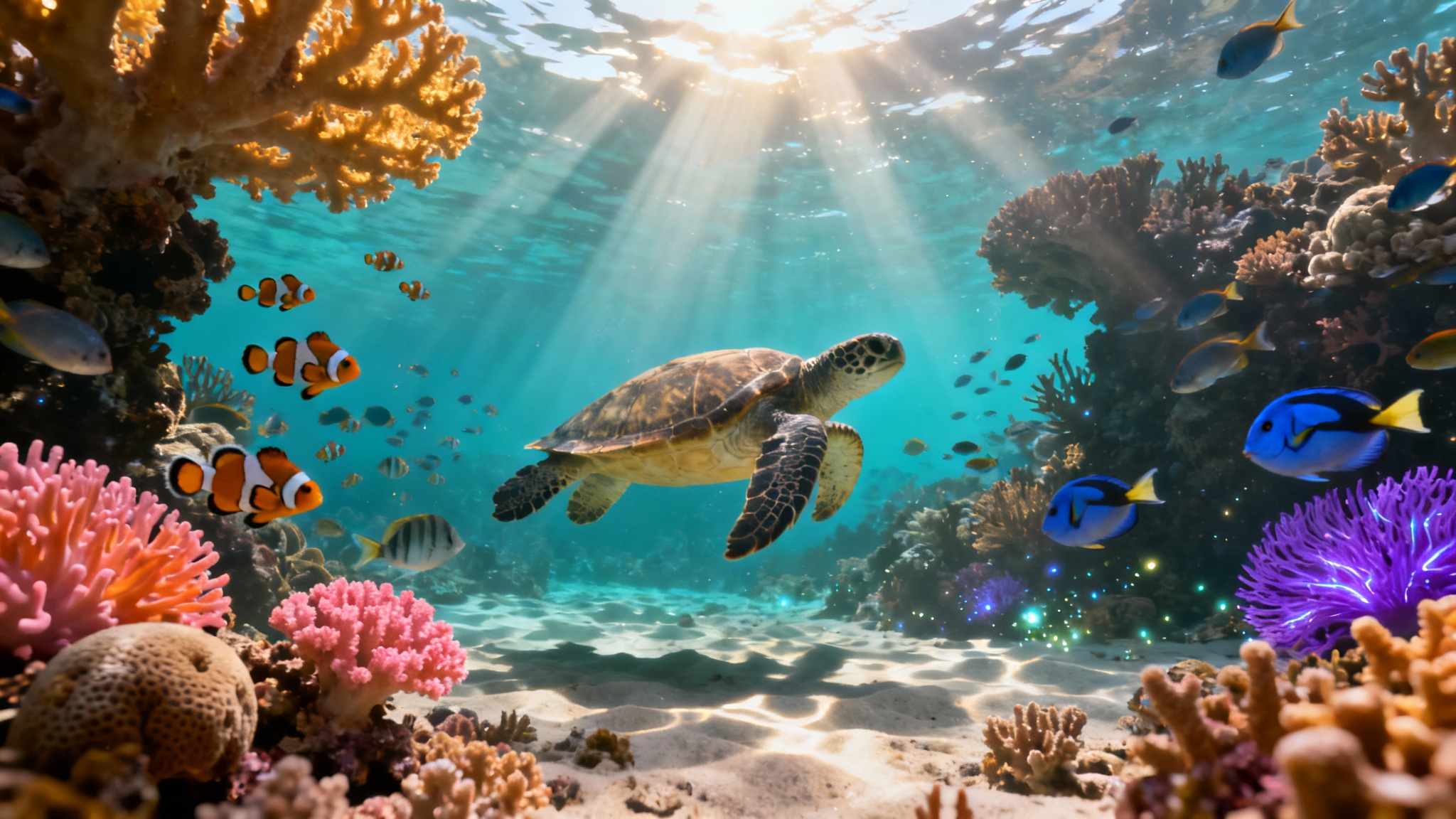 A vibrant, photorealistic wallpaper of an underwater coral reef, featuring a sea turtle, clownfish, and blue tangs swimming in sunlit turquoise water.
