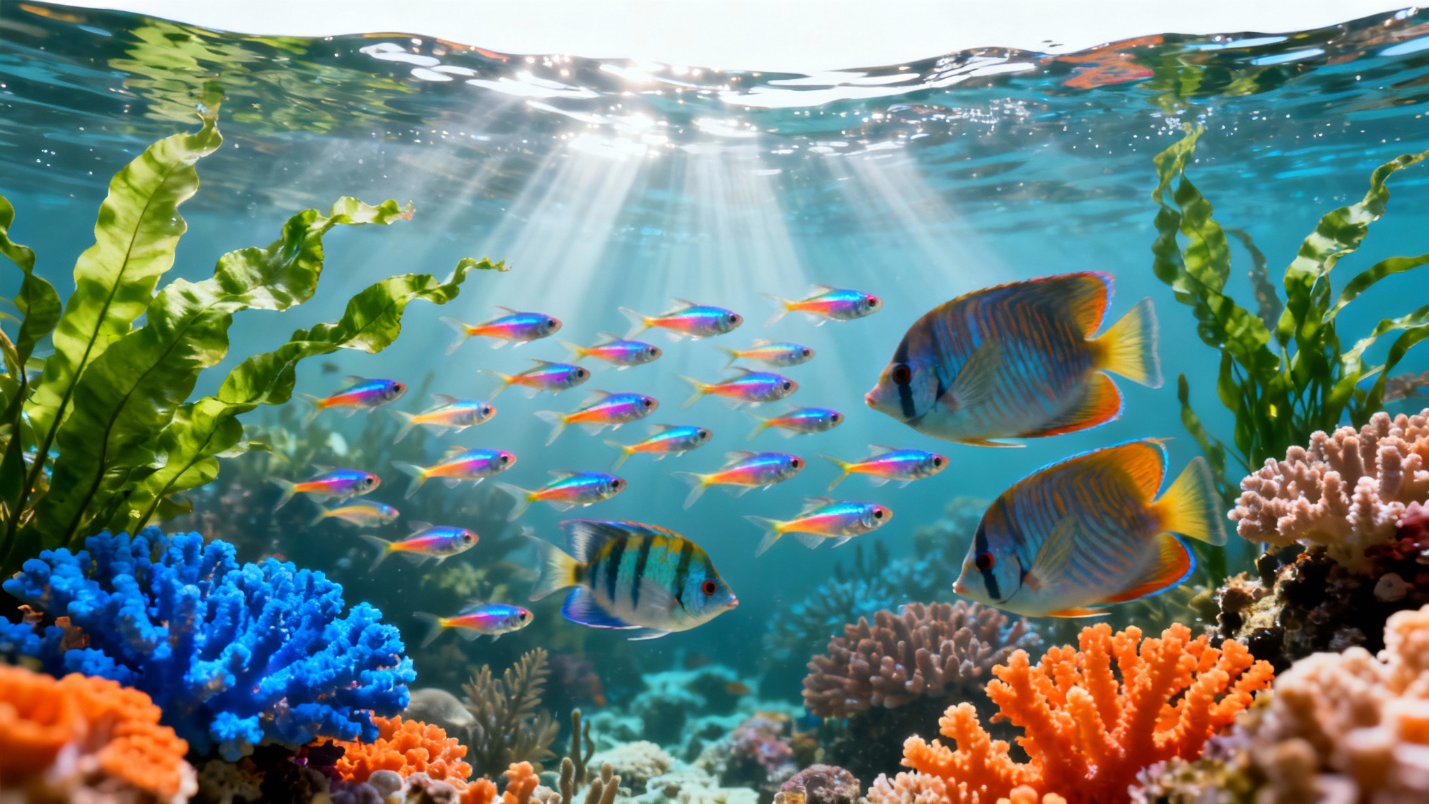 A vibrant, photorealistic aquarium wallpaper featuring colorful tropical fish swimming among lush plants and coral in crystal clear water, set against a white background.