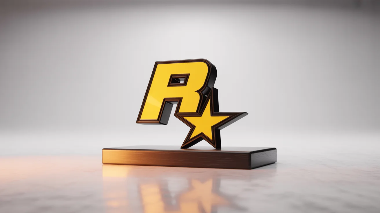 A photorealistic 3D mockup of the Rockstar Games logo, showing a vibrant yellow 'R' with a star cutout on a black plaque, set against a clean white background.