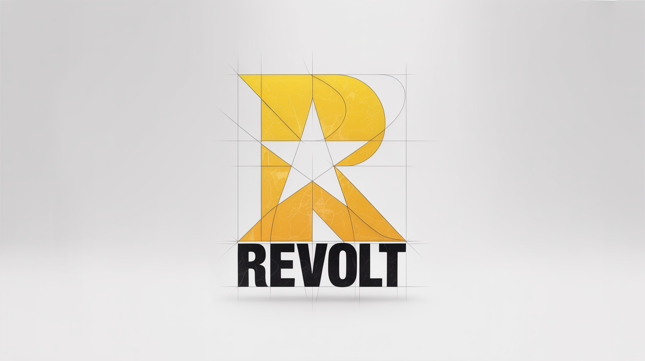A modern logo inspired by the Rockstar Games style, featuring a bold yellow 'R' with a star and the word 'REVOLT' underneath, on a clean white background.