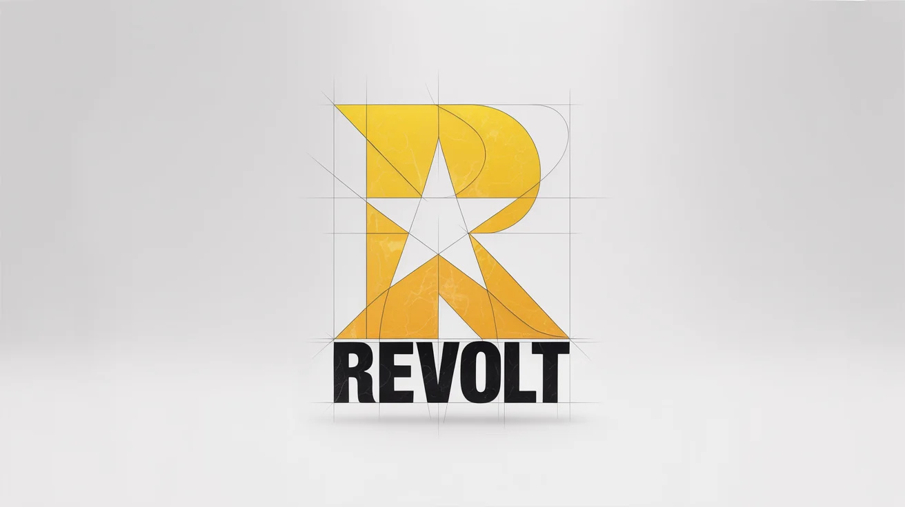 A modern logo inspired by the Rockstar Games style, featuring a bold yellow 'R' with a star and the word 'REVOLT' underneath, on a clean white background.