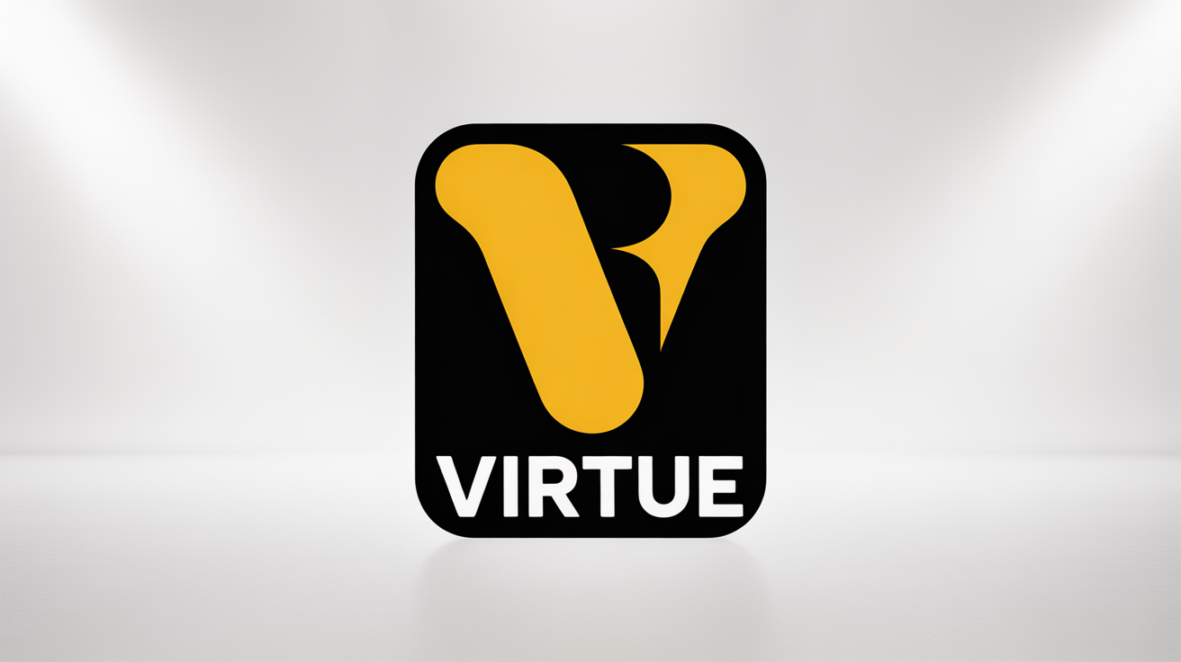 A logo mockup inspired by the Rockstar Games style, featuring a yellow letter 'V' and a star on a black background, with the word 'VIRTUE' below it. The entire logo is on a clean white background.