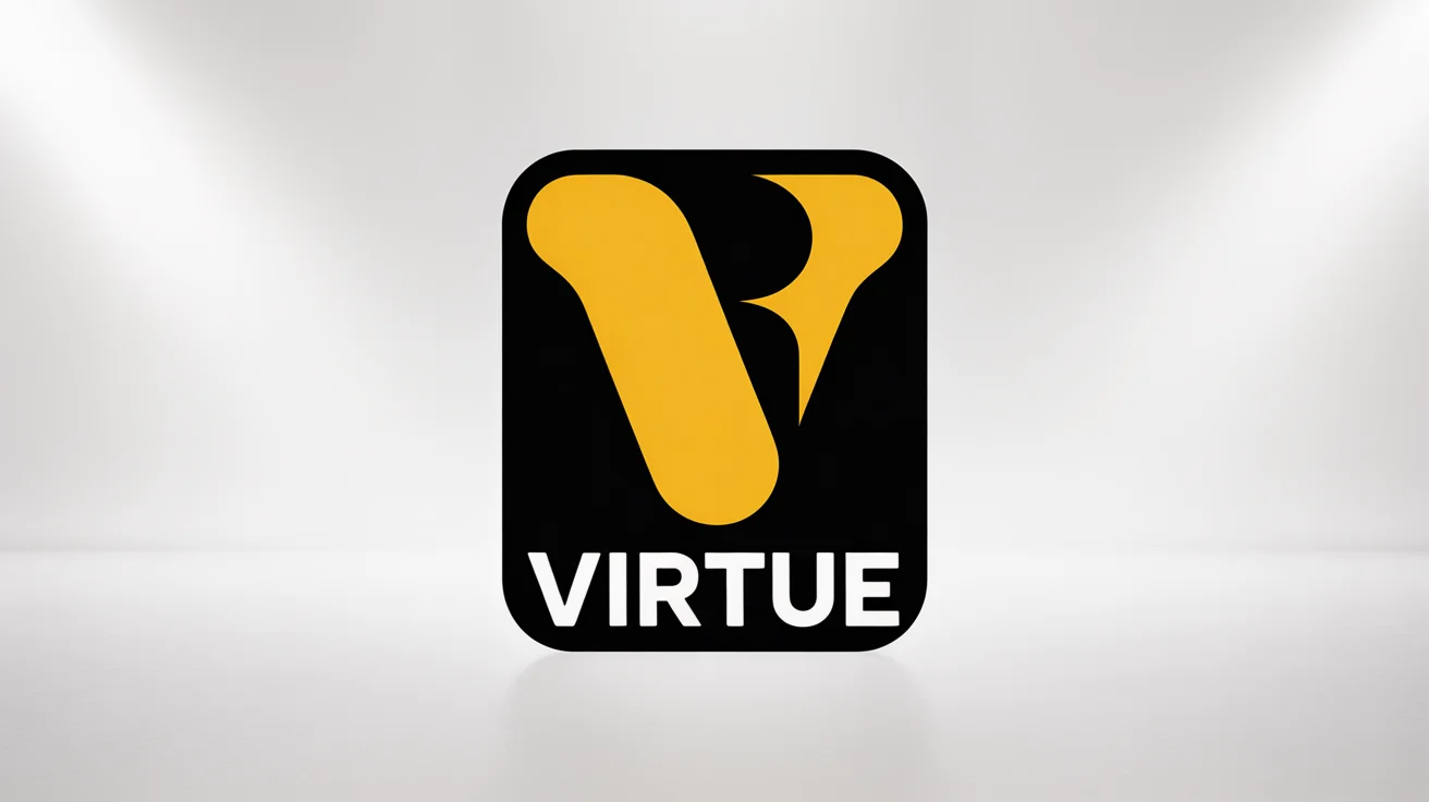 A logo mockup inspired by the Rockstar Games style, featuring a yellow letter 'V' and a star on a black background, with the word 'VIRTUE' below it. The entire logo is on a clean white background.