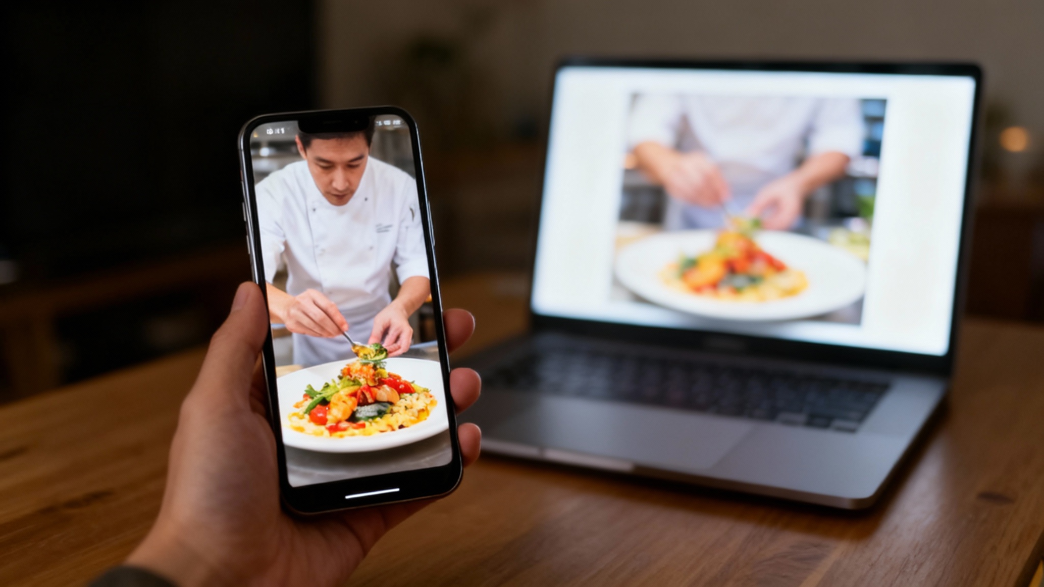 An image demonstrating a video being cropped to a 9:16 aspect ratio. In the foreground, a smartphone displays the final vertical video of a chef. In the blurred background, a laptop shows the original widescreen video, illustrating the transformation.