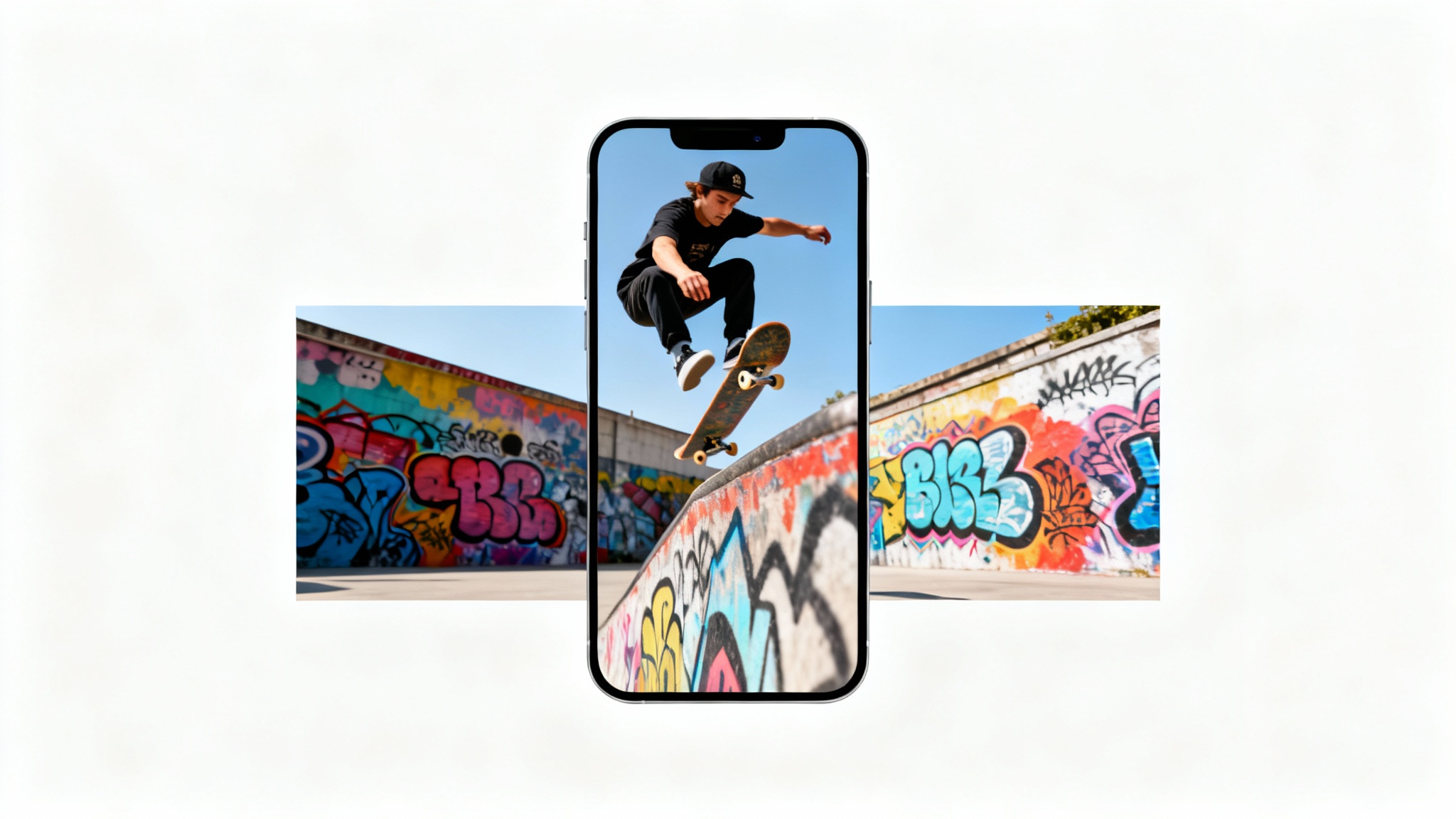 An image demonstrating cropping a video to a 9:16 aspect ratio, showing a wide shot of a skateboarder in mid-air, with a tall, vertical cropped version focusing tightly on the skateboarder.