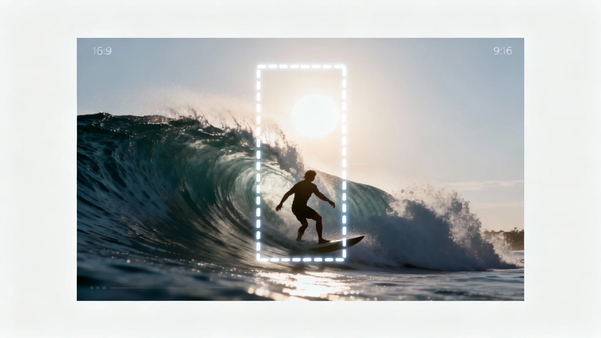 A visual representation of a wide video frame of a surfer being cropped to a vertical 9:16 format, with the cropped area highlighted.