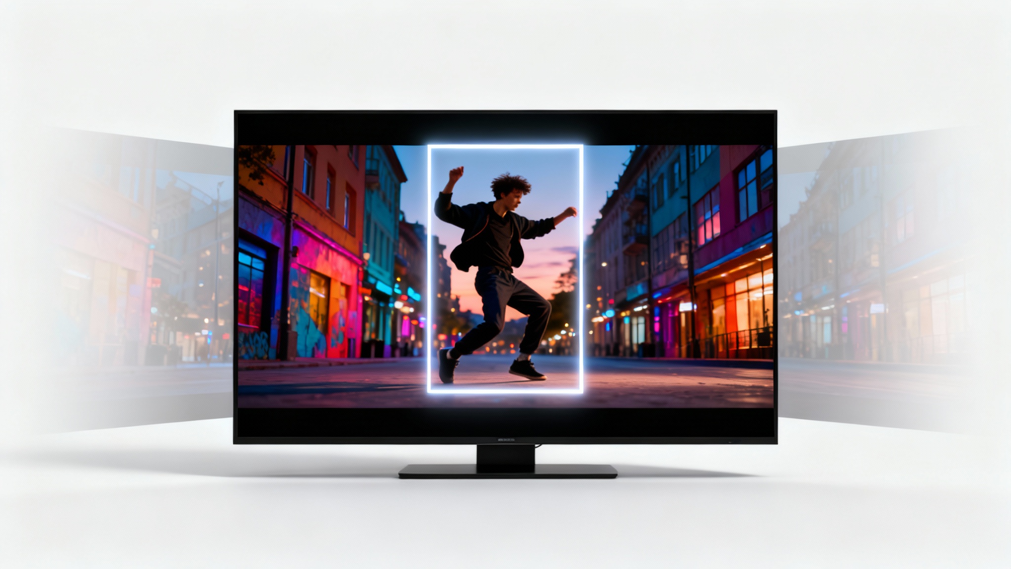 A visual representation of a video being cropped: a wide frame of a city dancer has a glowing vertical rectangle over it, indicating a crop to a 9:16 aspect ratio.