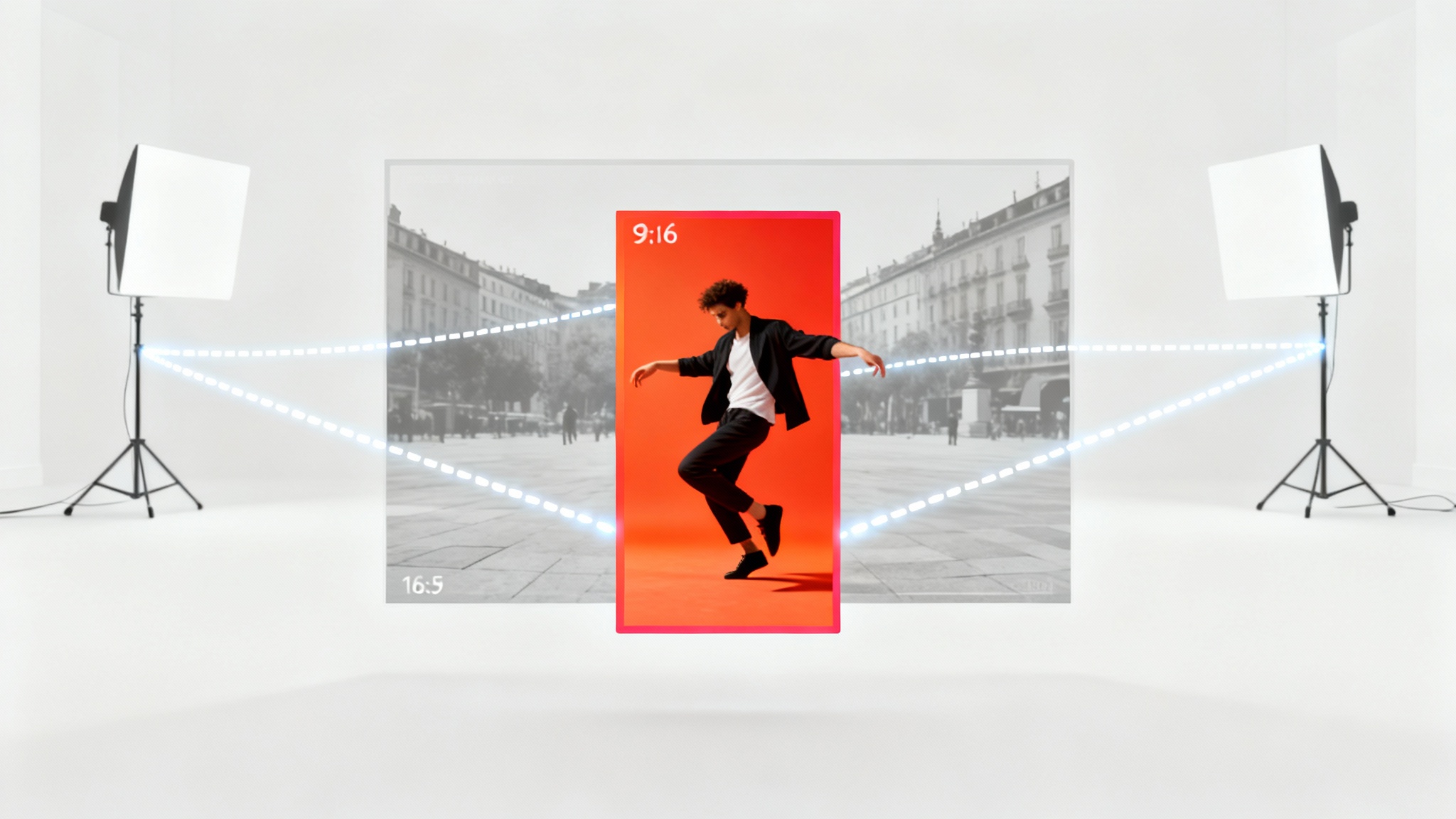 A conceptual illustration showing a wide video of a person dancing being cropped into a vertical 9:16 format, highlighting the main action of the dancer.