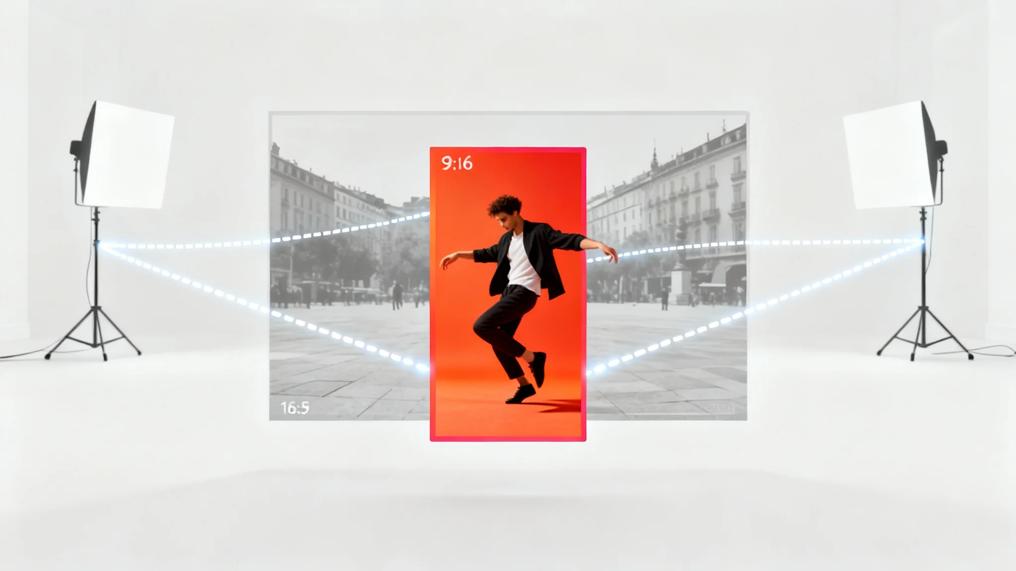 A conceptual illustration showing a wide video of a person dancing being cropped into a vertical 9:16 format, highlighting the main action of the dancer.