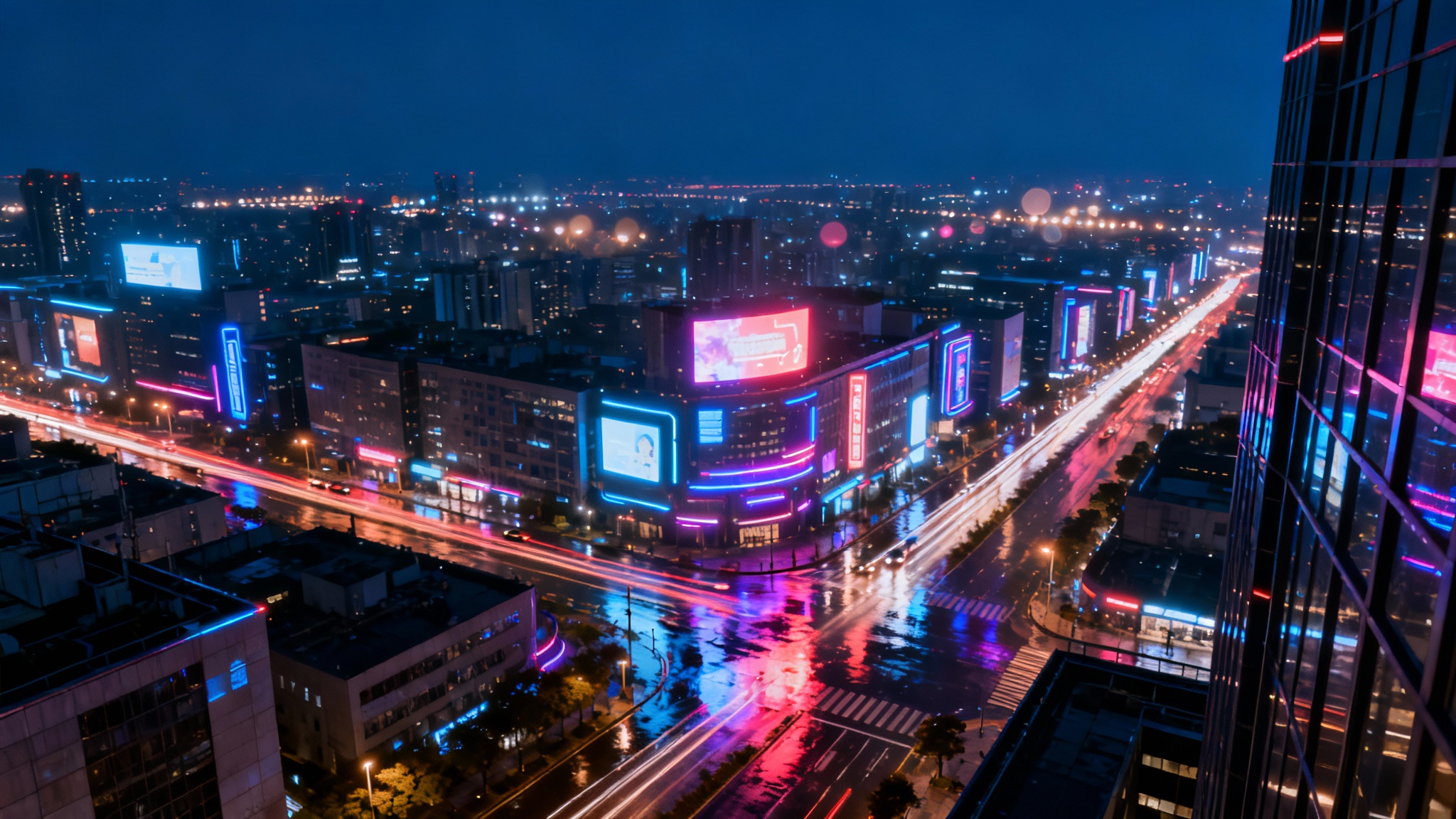 A vibrant, wide-angle hero image of a futuristic city skyline at night, with glowing neon signs and light trails from traffic reflecting on wet streets.