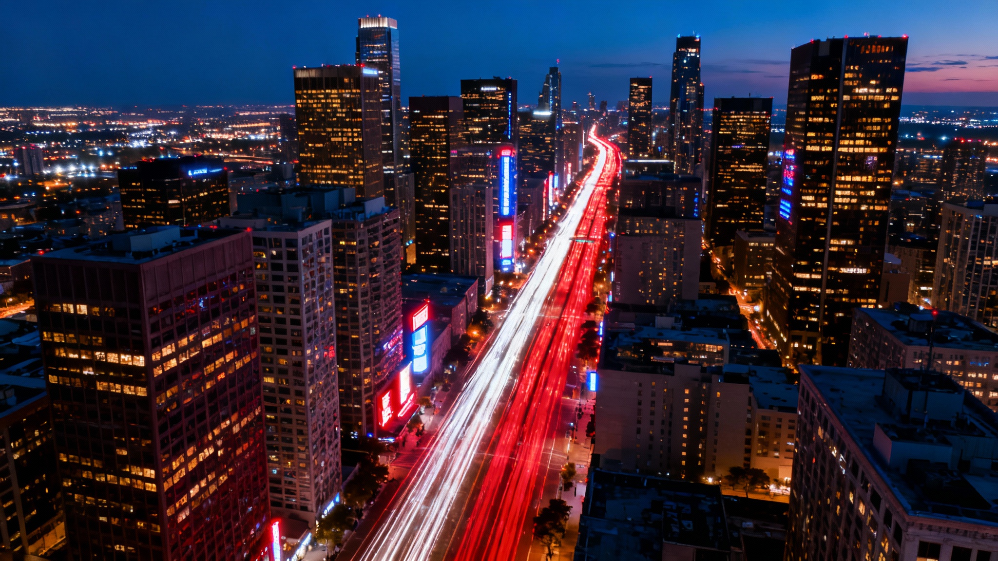 A stunning aerial photograph of a vast city at night, capturing the vibrant energy with long-exposure light trails from cars and brightly lit skyscrapers.