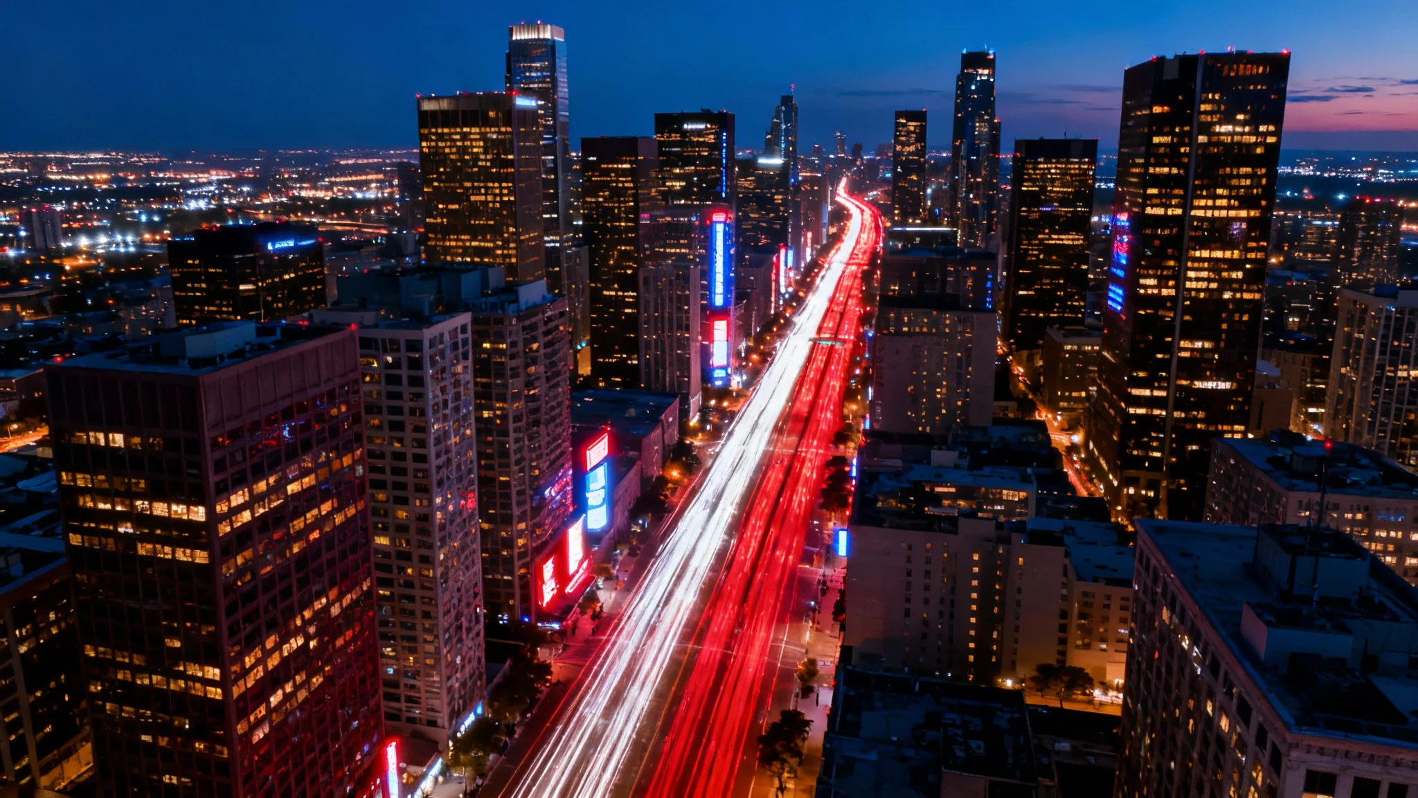 A stunning aerial photograph of a vast city at night, capturing the vibrant energy with long-exposure light trails from cars and brightly lit skyscrapers.