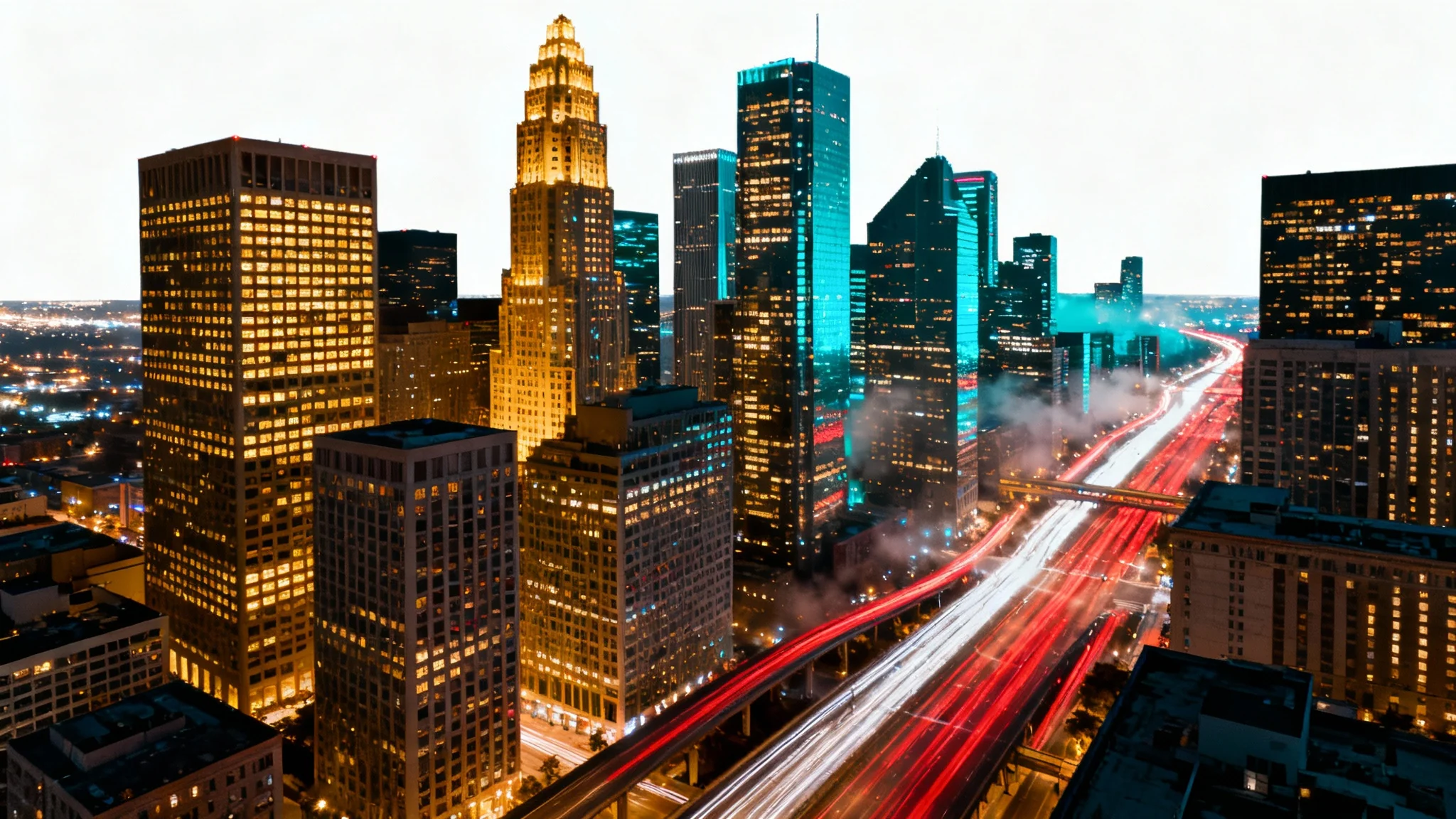 A stunning, high-angle panoramic photograph of a city at night, showcasing vibrant light trails from traffic and glowing skyscrapers, illustrating the dynamic energy of urban life.