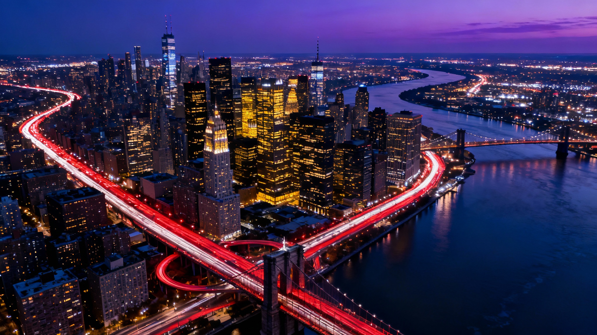 A breathtaking aerial view of a city at night, showcasing a vast network of glowing city lights, traffic trails, and illuminated skyscrapers reflected in a calm river.