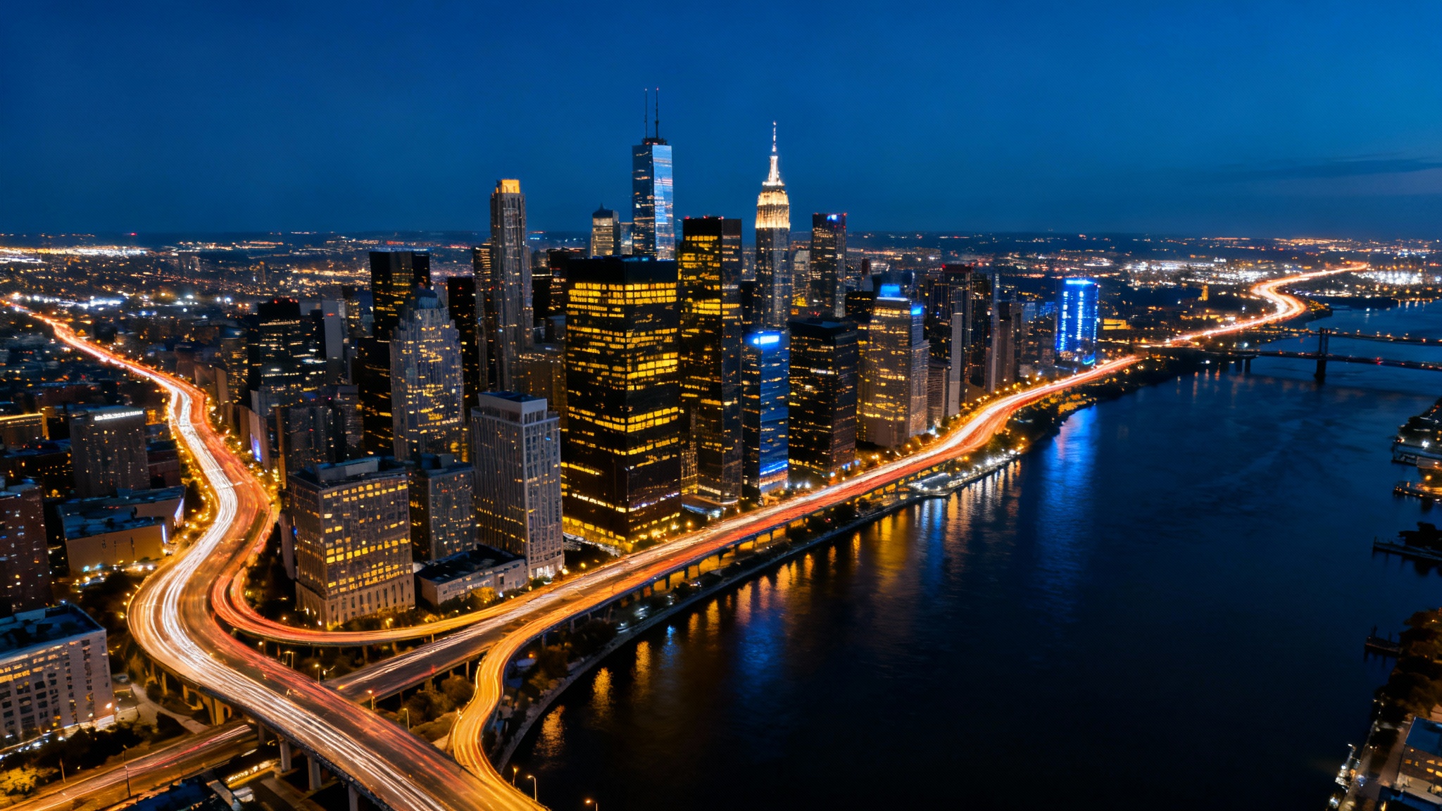 A stunning, high-angle photograph of a bustling city at night, with long streaks of light from traffic and glowing skyscrapers reflected in a wide river.