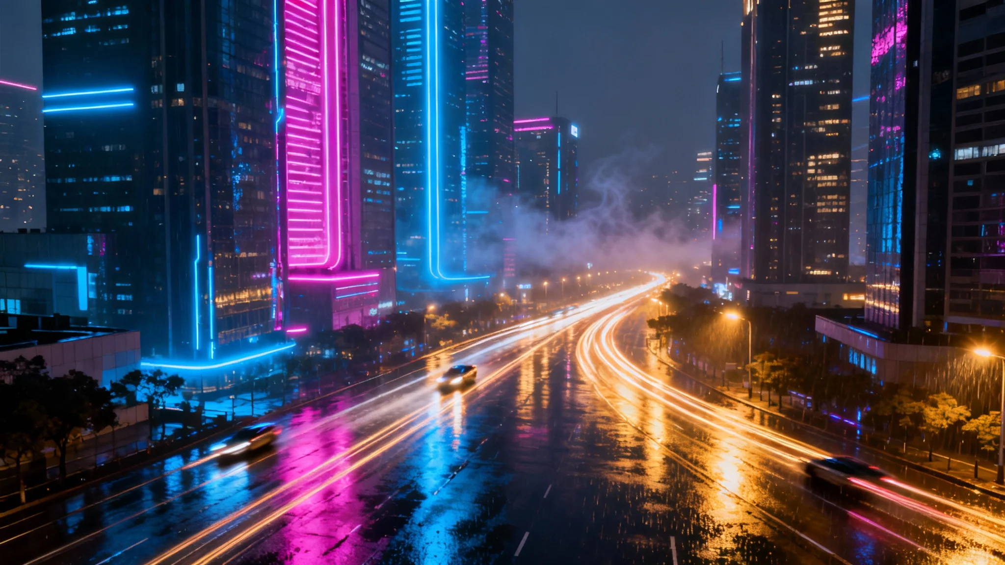 A stunning panoramic view of a futuristic city at night, illuminated by a vibrant network of blue, pink, and gold neon lights and light trails from traffic.