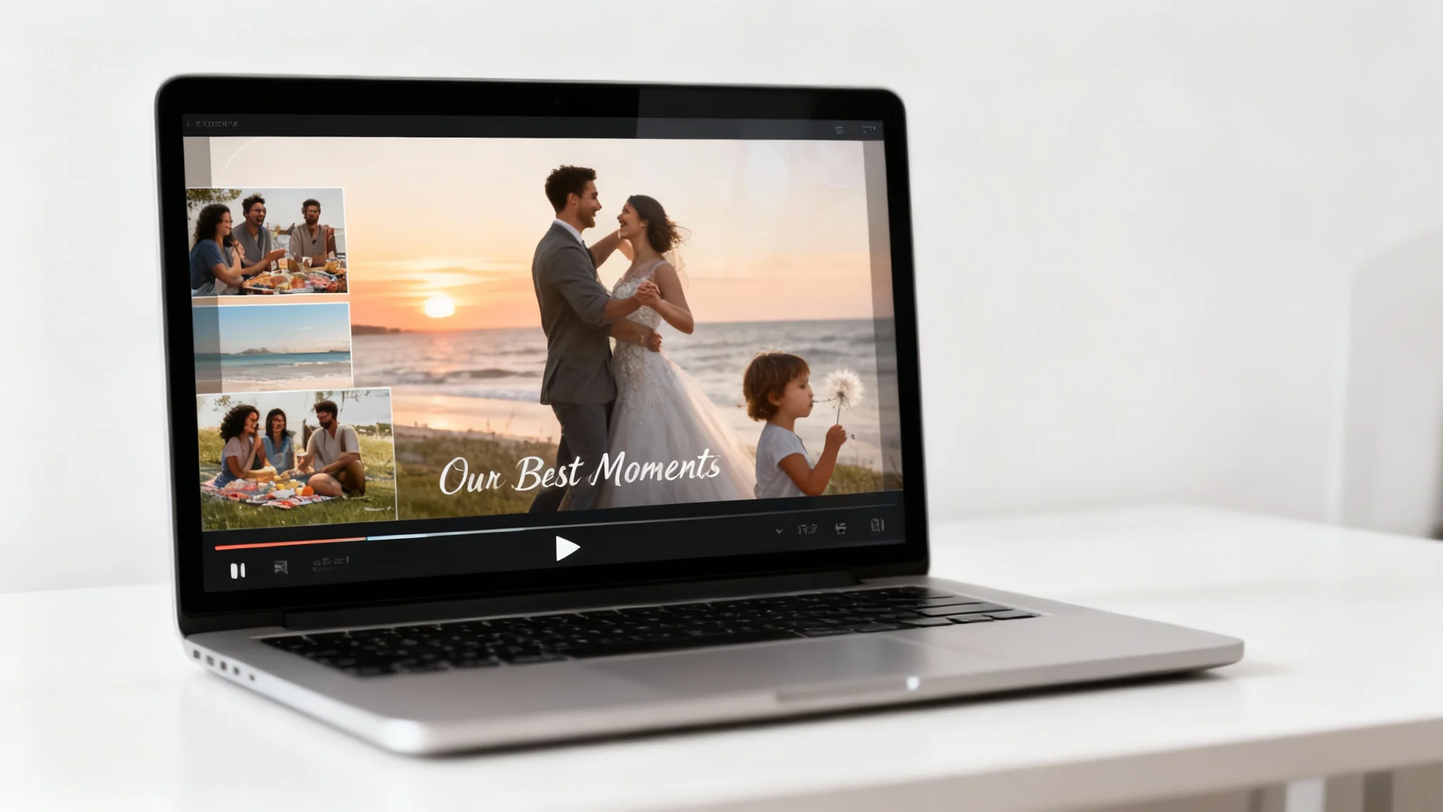 A laptop screen displaying a polished frame from a photo montage video. The frame shows a collage of happy moments like a wedding, a picnic, and a sunset, with the text 'Our Best Moments' elegantly overlaid.