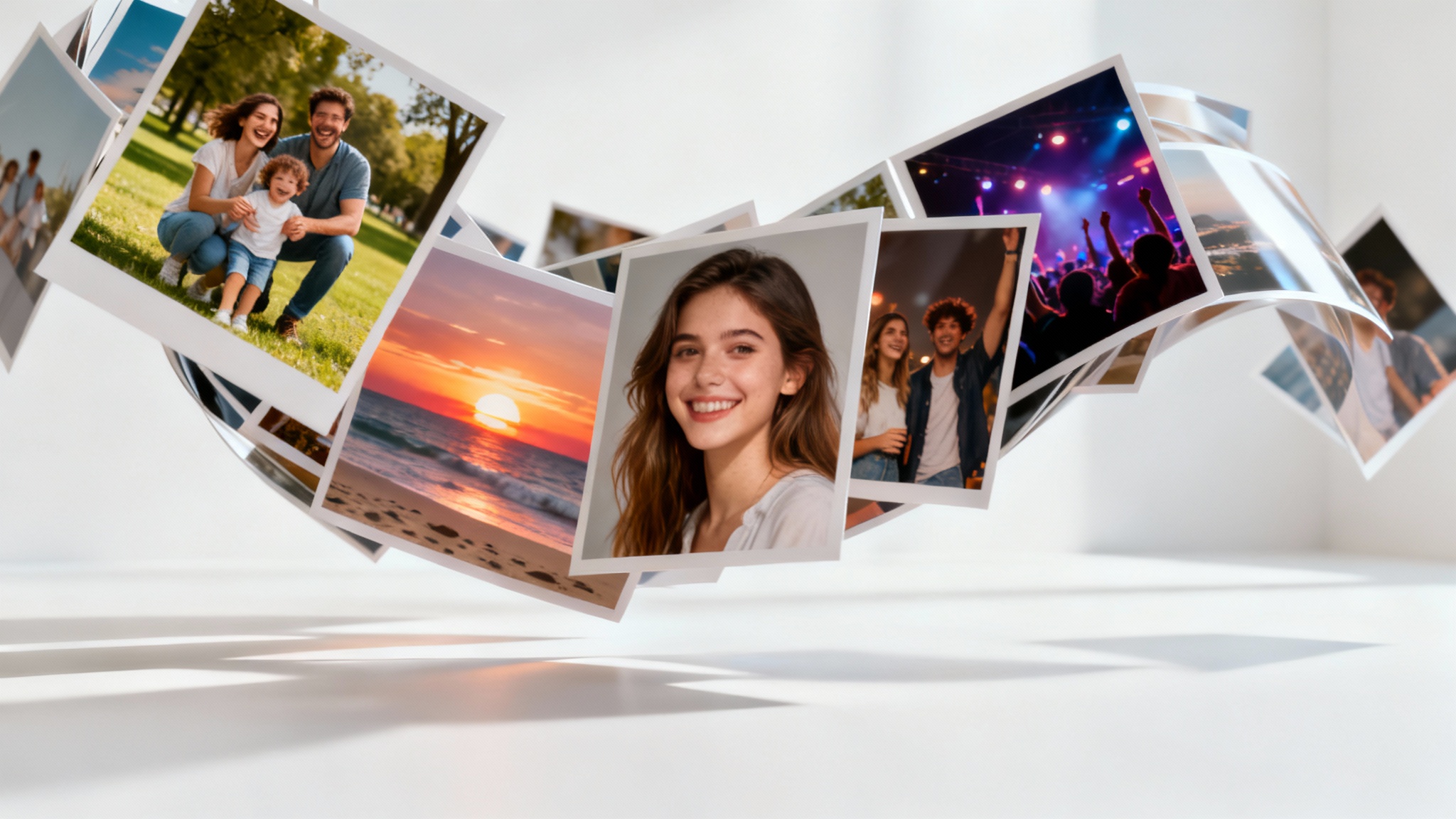 A collection of photographs depicting happy moments like family and travel, floating and swirling in the air against a clean white background to represent a photo montage.