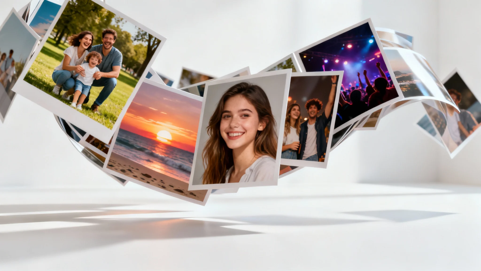 A collection of photographs depicting happy moments like family and travel, floating and swirling in the air against a clean white background to represent a photo montage.