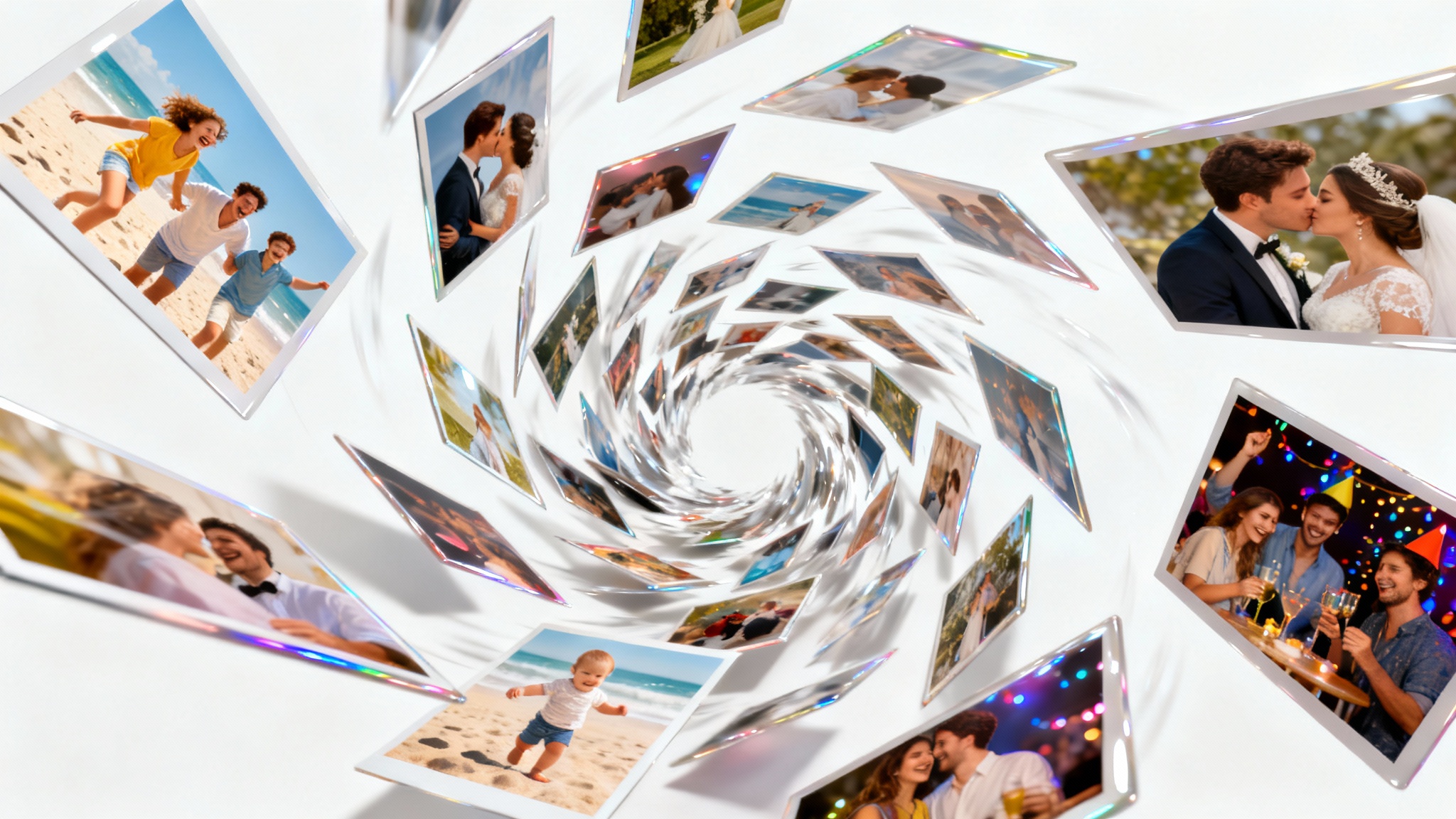 A collection of glossy personal photographs showing family, weddings, and parties, swirling in a dynamic spiral against a clean white background, symbolizing the creation of a photo montage video.