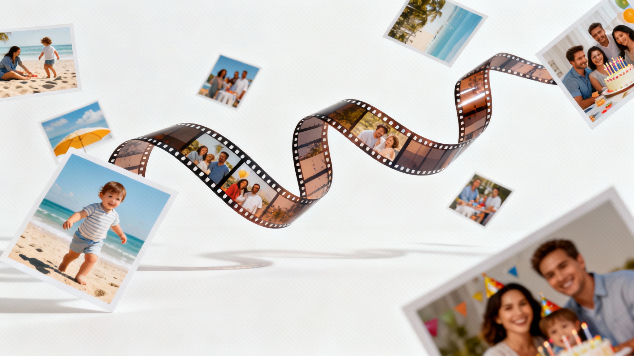 A collection of family photographs arranged in a flowing, film-strip-like shape against a white background, symbolizing a photo montage video.