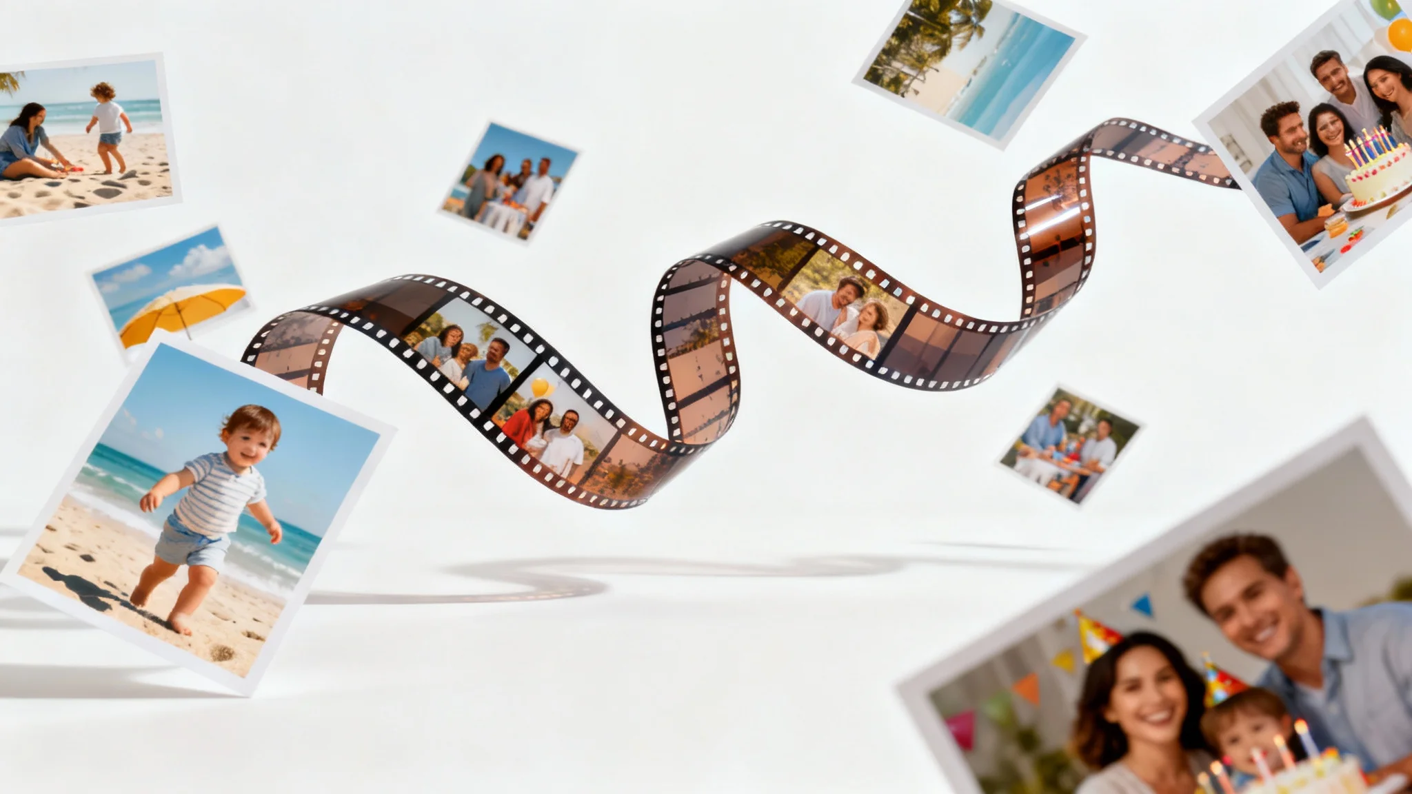 A collection of family photographs arranged in a flowing, film-strip-like shape against a white background, symbolizing a photo montage video.