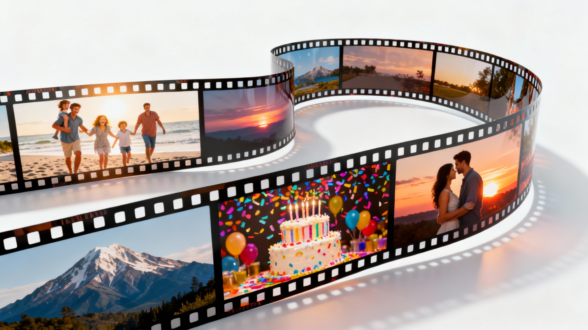 An artistic arrangement of overlapping photographs depicting family, travel, and celebration, intertwined with a classic film strip to represent a photo montage video, set against a clean white background.