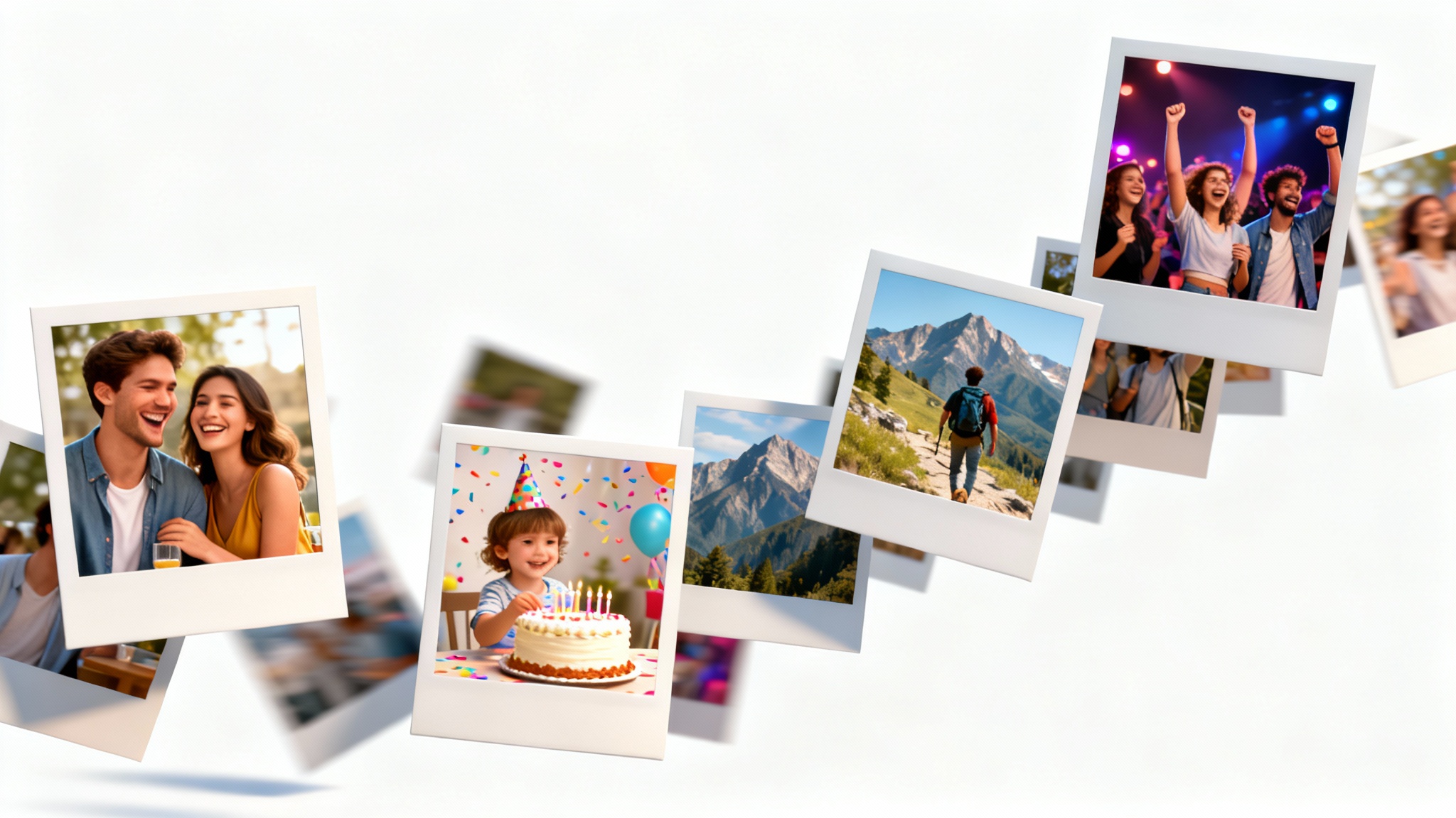 A collection of Polaroid-style photos depicting happy life moments cascading across a white background, illustrating the concept of a photo montage video.