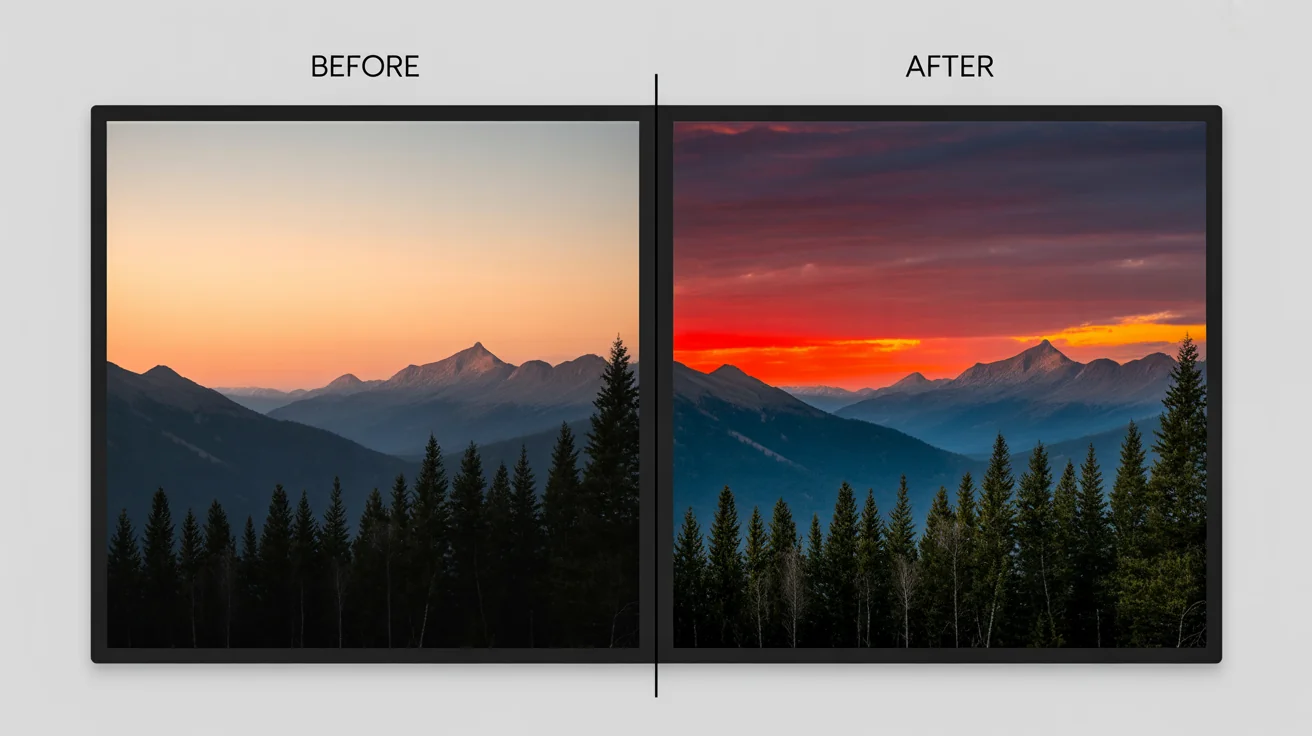 A side-by-side comparison of a mountain sunset photo before and after editing. The 'Before' image on the left is muted, while the 'After' image on the right is vibrant with dramatic colors and contrast.