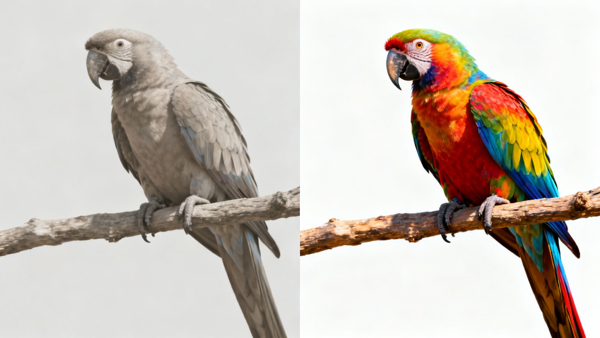 A photo of a parrot split down the middle to show a before and after edit. The left side is dull and unedited, while the right side is vibrant, sharp, and color-corrected, demonstrating a side-by-side editor.