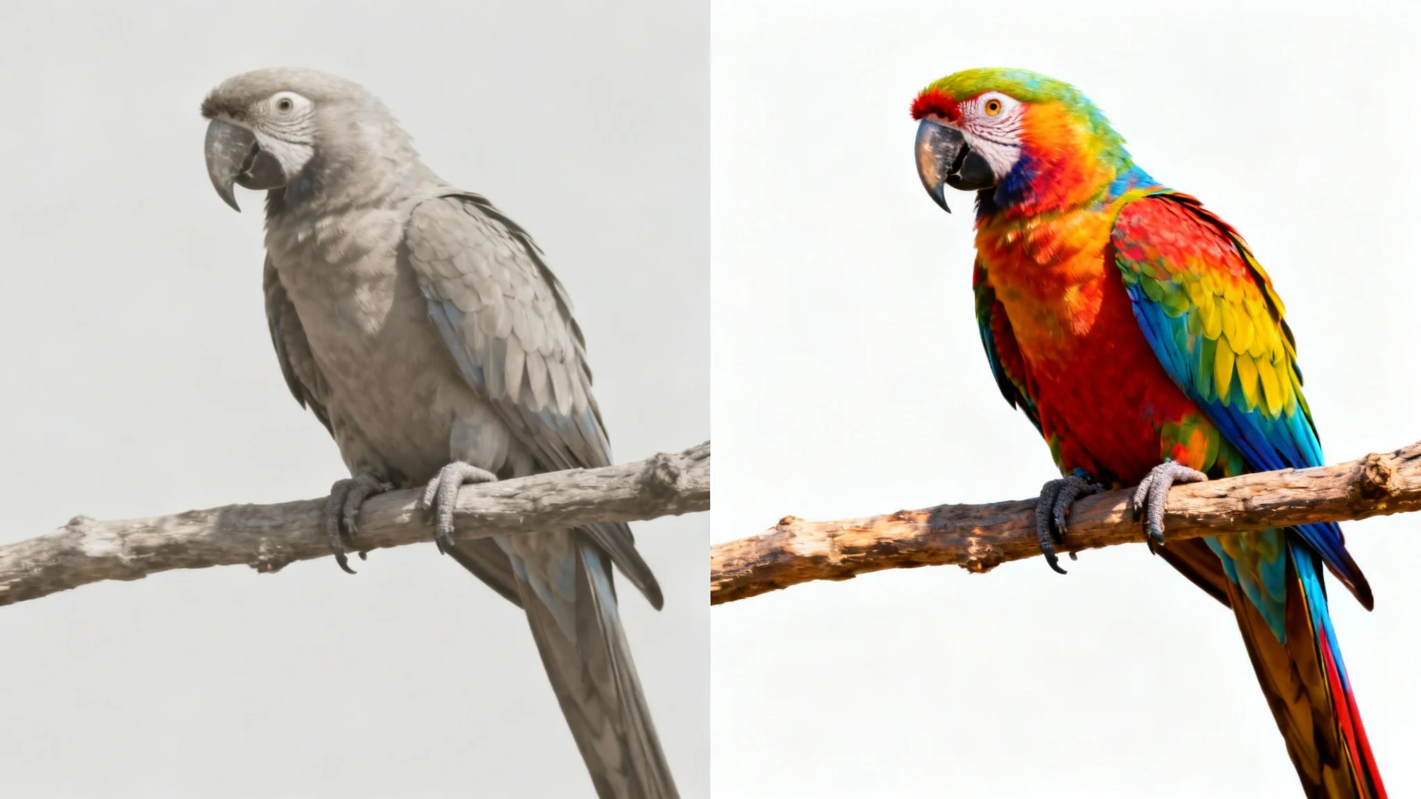 A photo of a parrot split down the middle to show a before and after edit. The left side is dull and unedited, while the right side is vibrant, sharp, and color-corrected, demonstrating a side-by-side editor.