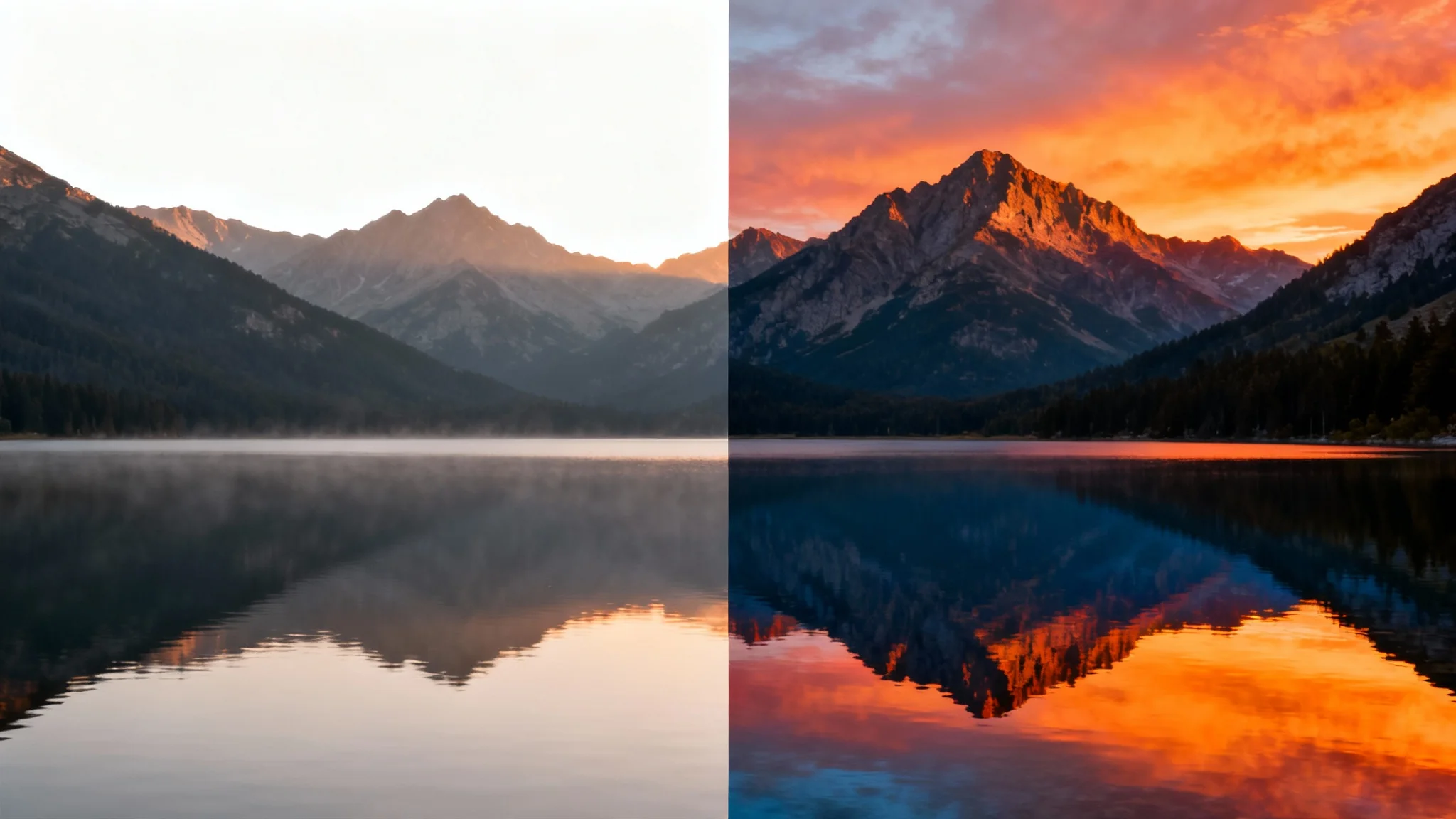 A side-by-side comparison photo of a mountain lake. The left 'before' side is dull and dark, while the right 'after' side is vibrant, colorful, and professionally edited.