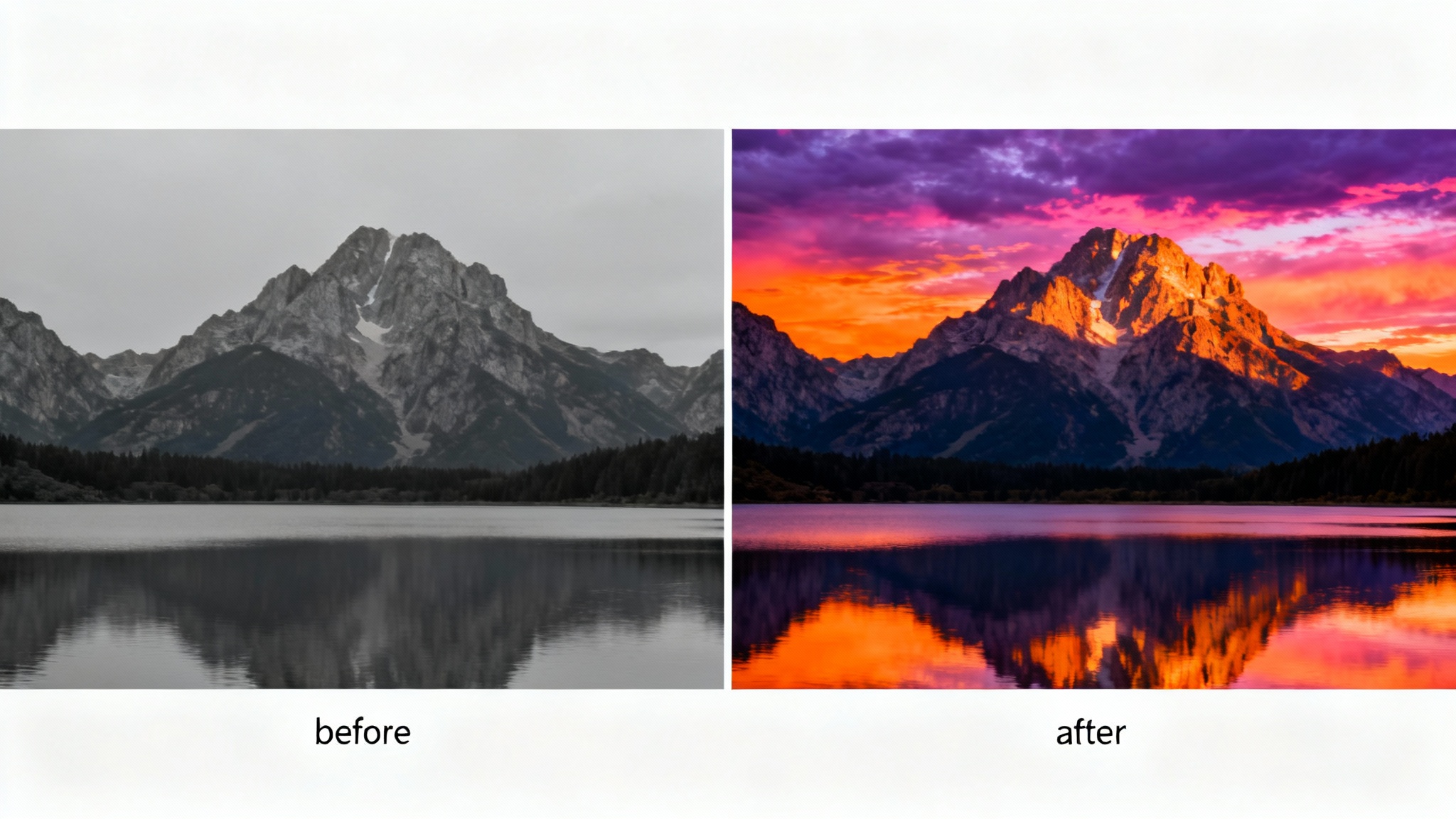 A split-screen image demonstrating a photo editor. The left 'before' side shows a dull, unedited mountain landscape. The right 'after' side shows the same landscape, dramatically edited to be vibrant with a colorful sunset.