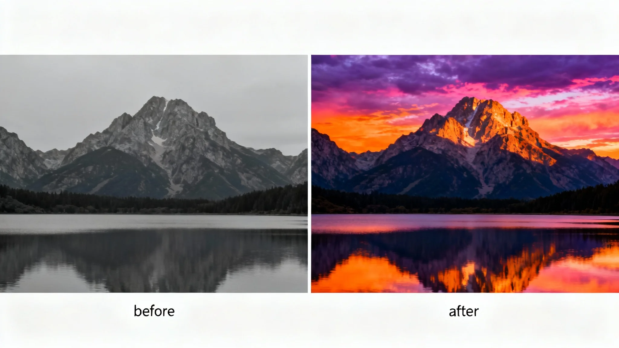 A split-screen image demonstrating a photo editor. The left 'before' side shows a dull, unedited mountain landscape. The right 'after' side shows the same landscape, dramatically edited to be vibrant with a colorful sunset.