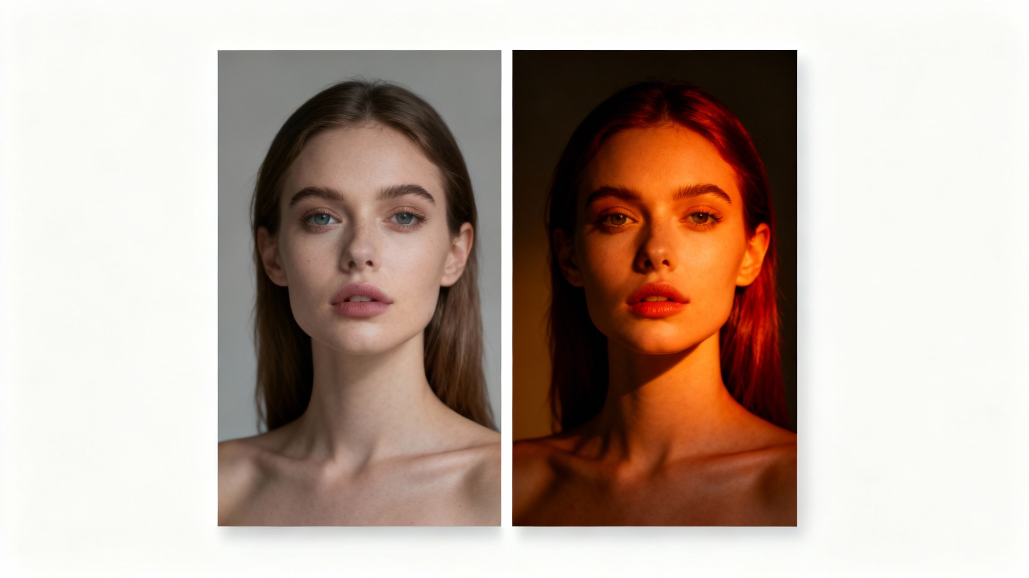 A side-by-side comparison image of a woman's portrait. The left 'before' side is dull and unedited, while the right 'after' side is vibrant and professionally retouched.