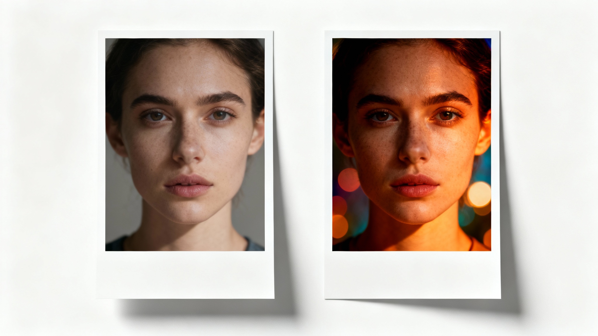 A side-by-side comparison of a portrait photo, showing a 'before' version with dull lighting and an 'after' version that is vibrant and professionally edited.