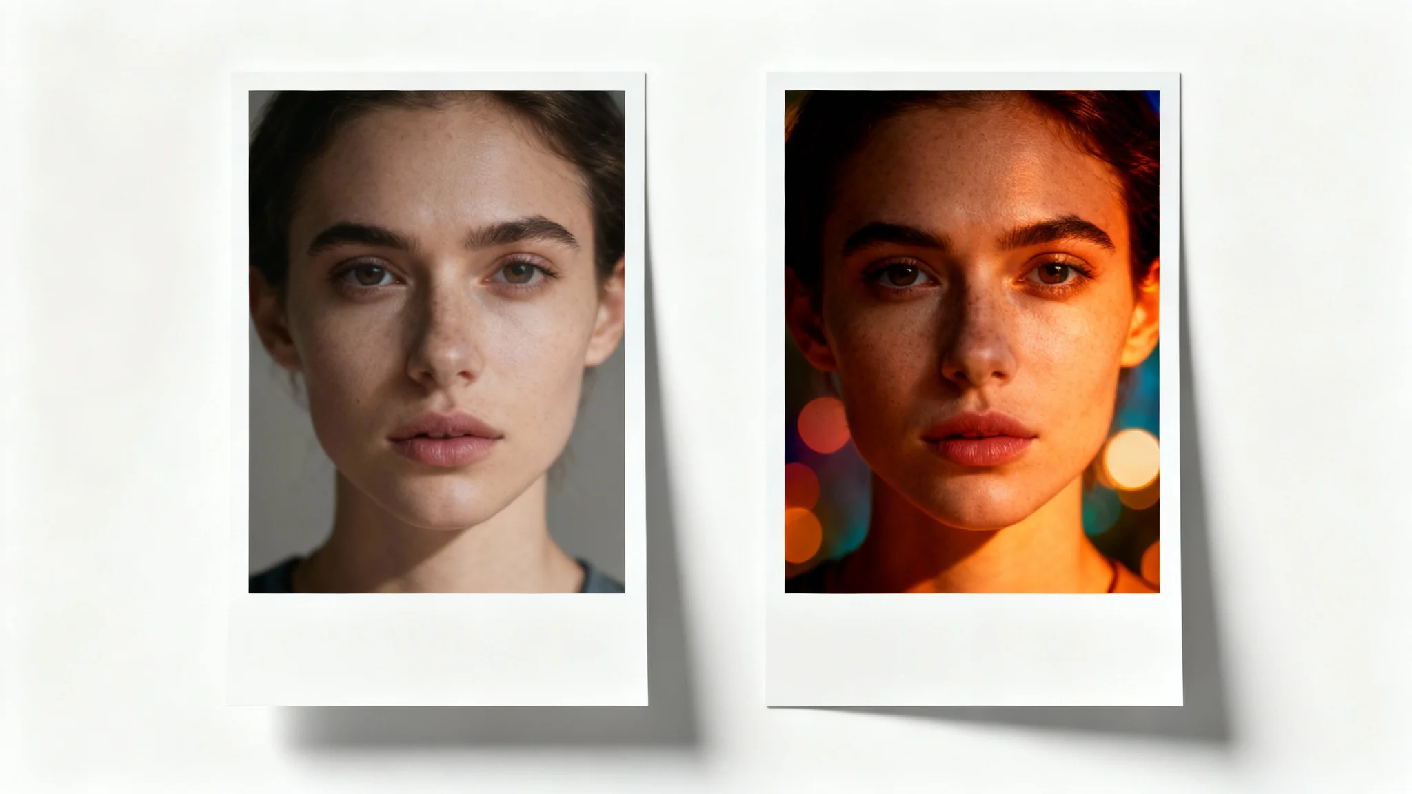 A side-by-side comparison of a portrait photo, showing a 'before' version with dull lighting and an 'after' version that is vibrant and professionally edited.