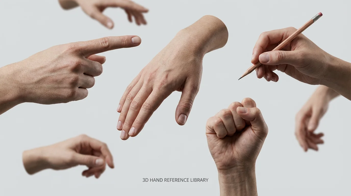 A collection of hyper-realistic 3D rendered hands in various poses, including pointing, a fist, and a relaxed hand, displayed against a clean background as a reference for artists.