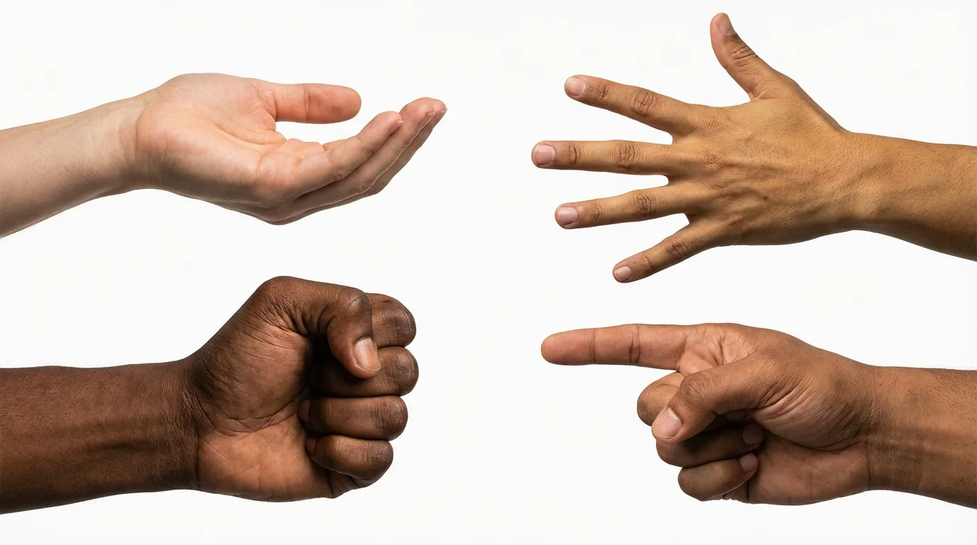 A photorealistic image showcasing four diverse human hands in different poses, holding, clenched, splayed, and pointing, against a clean white background for artistic reference.