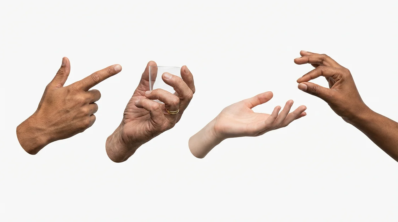A collection of four hyper-realistic human hands in different poses, pointing, holding, open-palmed, and pinching, arranged for artistic reference against a clean white background.