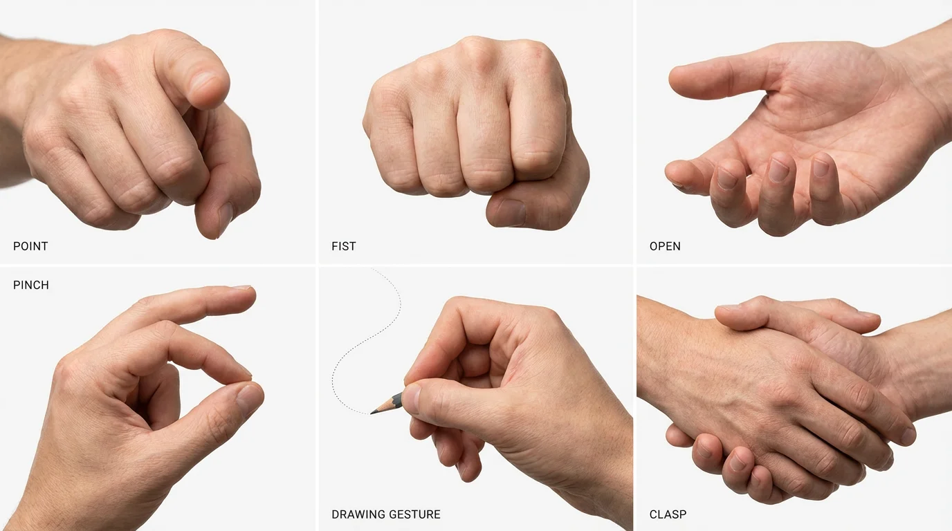 A grid of photorealistic human hands in different poses, including pointing, making a fist, and an open palm, shown against a white background for artistic reference.