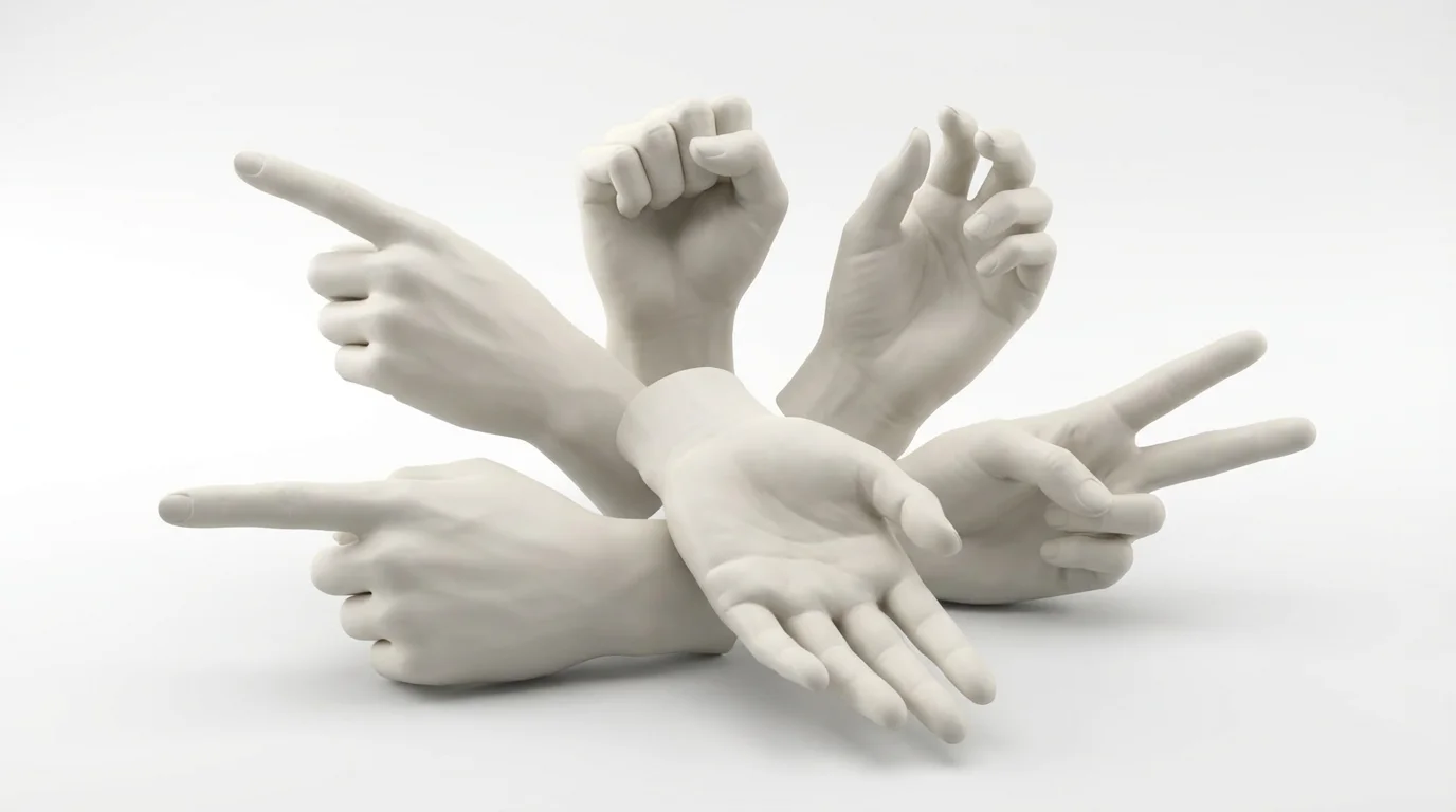 A collection of realistic, matte white mannequin hands shown in various poses, like a fist and a pointing finger, against a clean white background to be used for artistic reference.