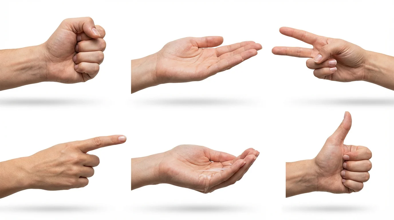 A hyper-realistic image displaying six different hand poses for artistic reference, including a fist, an open palm, and a peace sign, set against a plain white background.