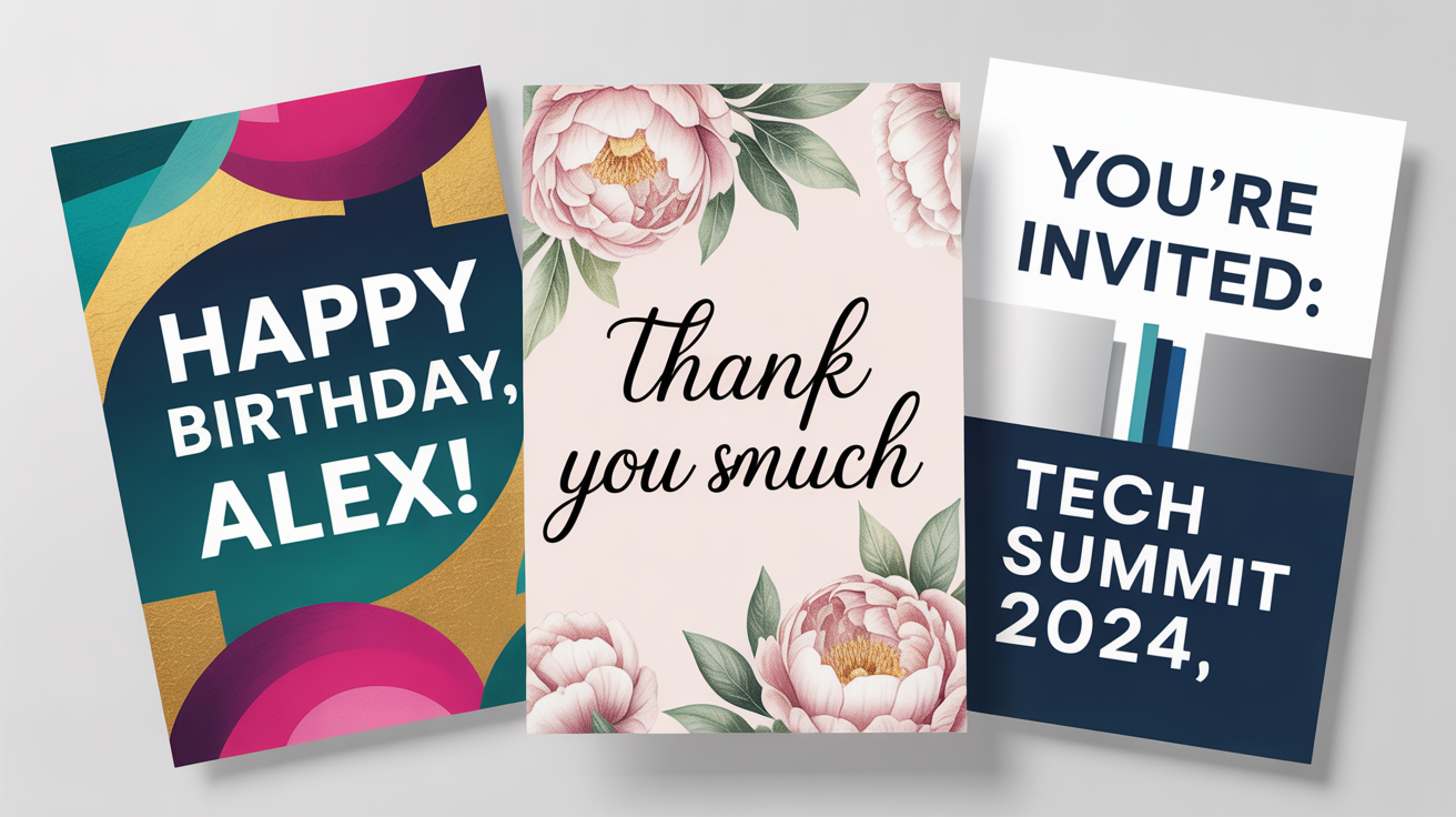 A collection of three professionally designed cards—a birthday card, a thank you card, and an event invitation—fanned out on a clean background, showcasing the final output of an AI card generator.