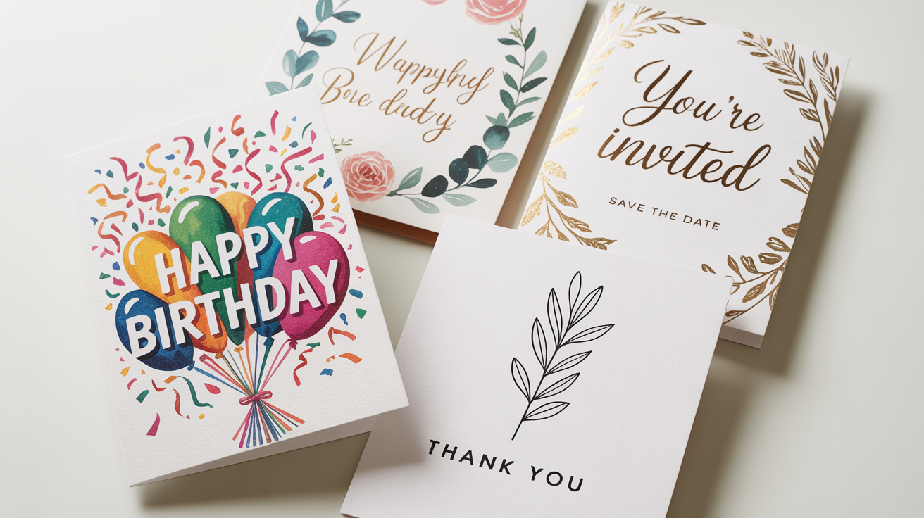 A professional mockup of various custom cards, including a birthday card and a wedding invitation, displayed in a clean flat lay arrangement on a white background.
