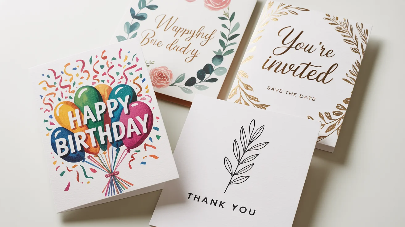 A professional mockup of various custom cards, including a birthday card and a wedding invitation, displayed in a clean flat lay arrangement on a white background.