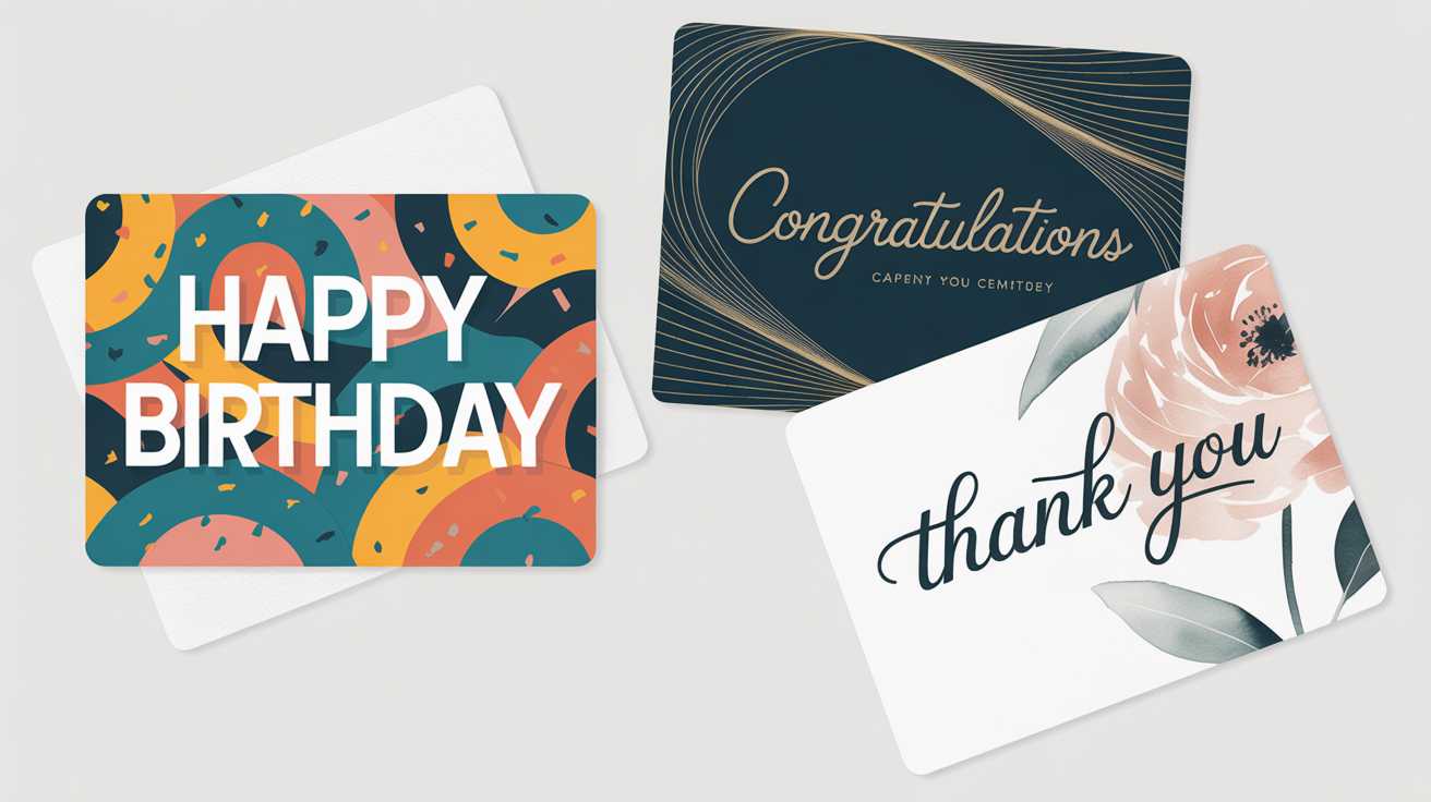 A collection of custom-designed greeting cards for various occasions, including 'Thank You', 'Happy Birthday', and 'Congratulations', displayed in a clean flat lay on a white background.