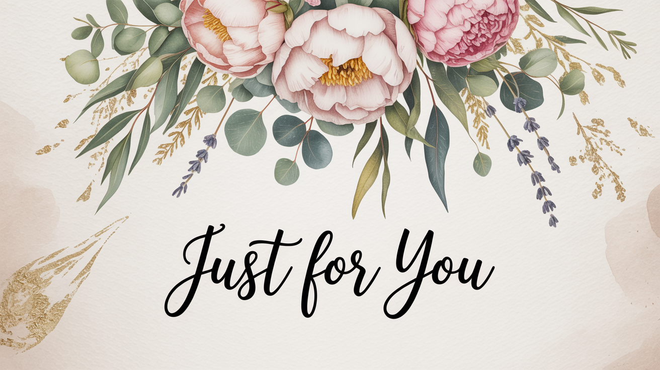 A top-down view of a custom greeting card that says 'Just For You' on a white surface, surrounded by a paintbrush, a small watercolor palette, and gold flakes.