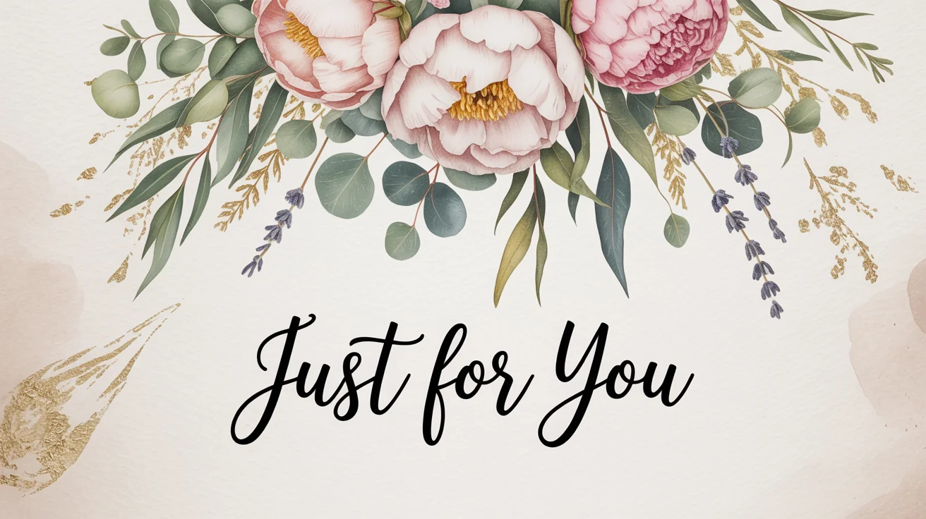 A top-down view of a custom greeting card that says 'Just For You' on a white surface, surrounded by a paintbrush, a small watercolor palette, and gold flakes.